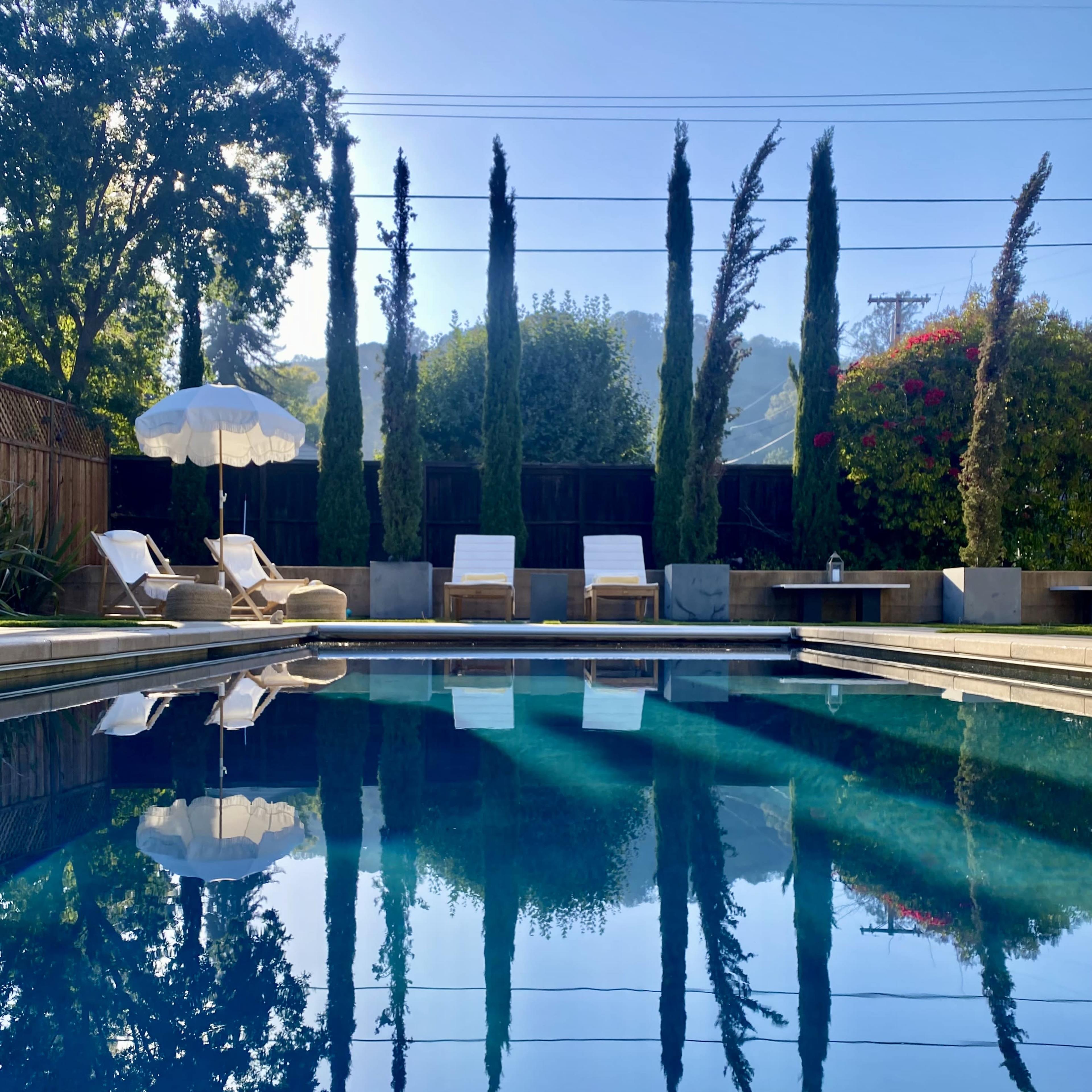 A tranquil pool reflects tall, slender trees and lounge chairs under a clear blue sky.