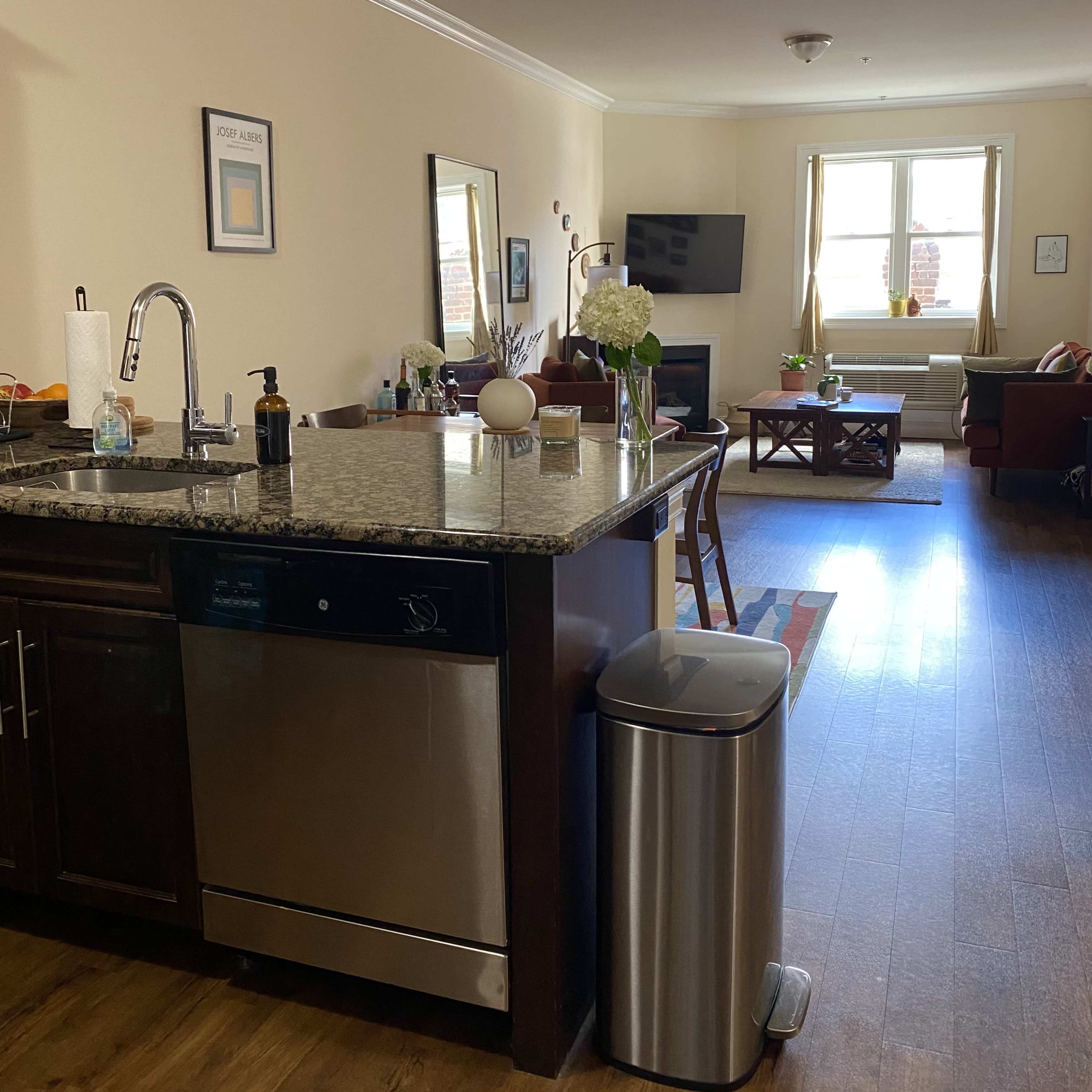 A modern kitchen area with a granite countertop, a dishwasher, a trash can, and a living room visible in the background with a couch and a television.