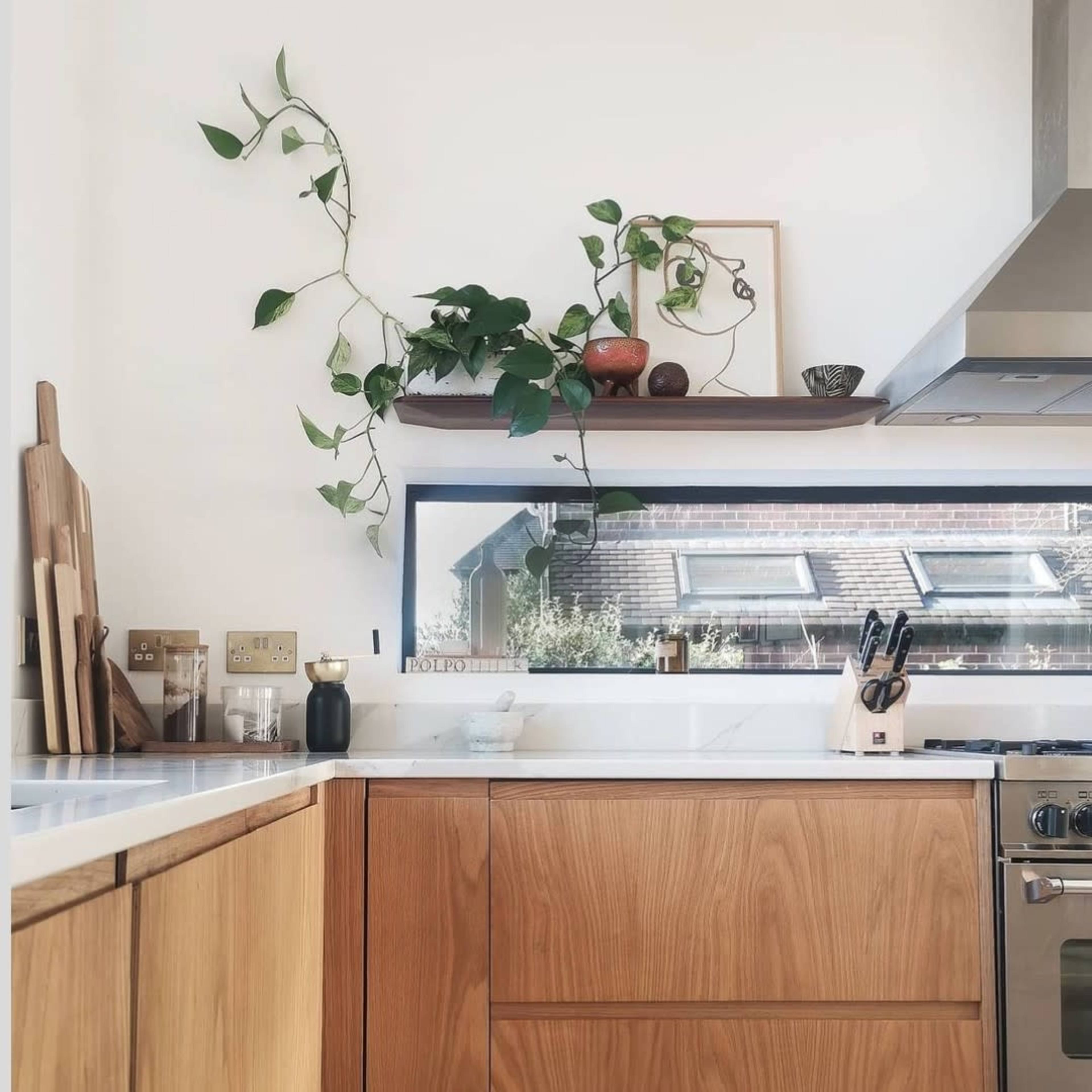 A modern kitchen features wooden cabinetry, a stainless steel stove, and a window with decorative plants above it.