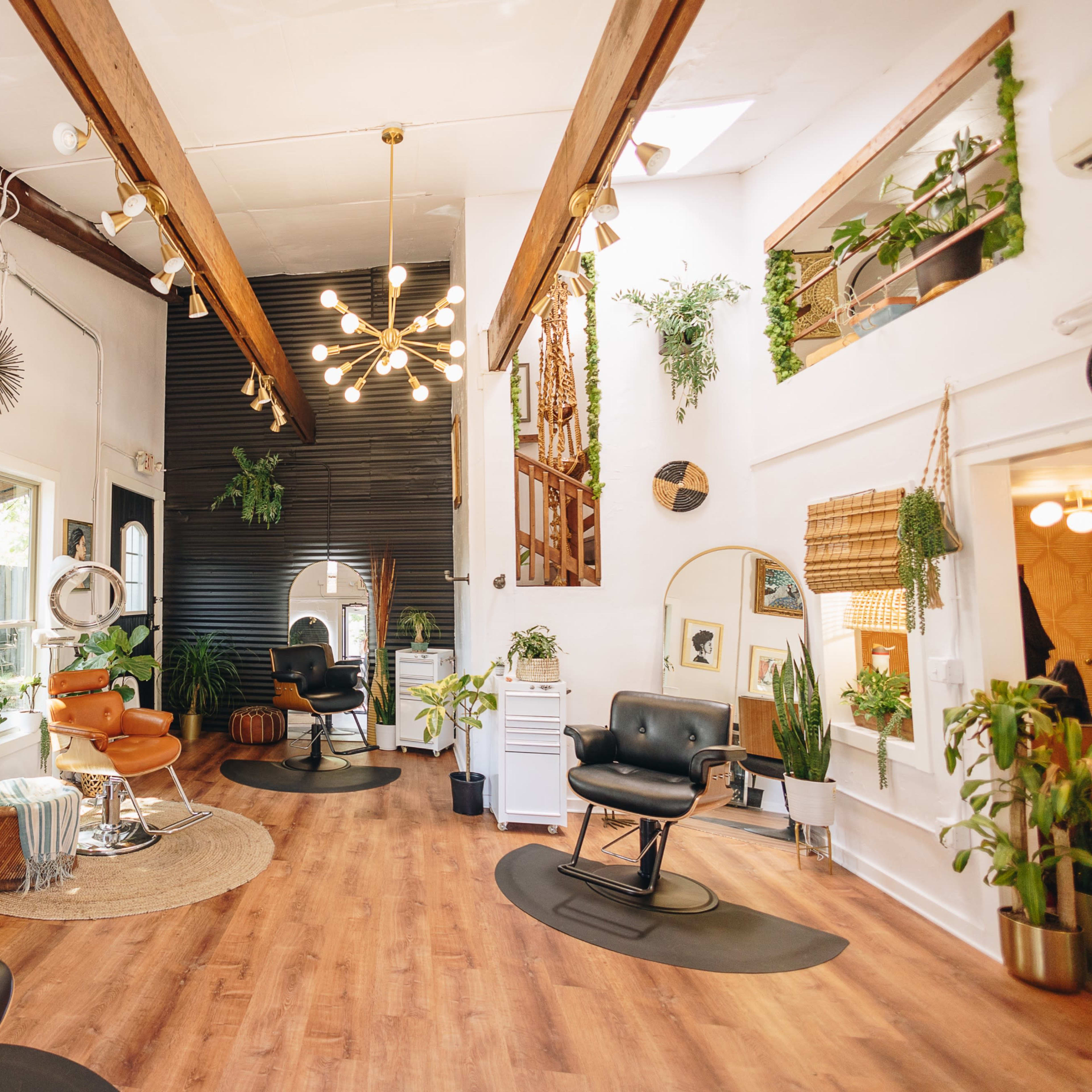 A well-lit salon featuring modern styling chairs, wooden beams, and a variety of indoor plants.