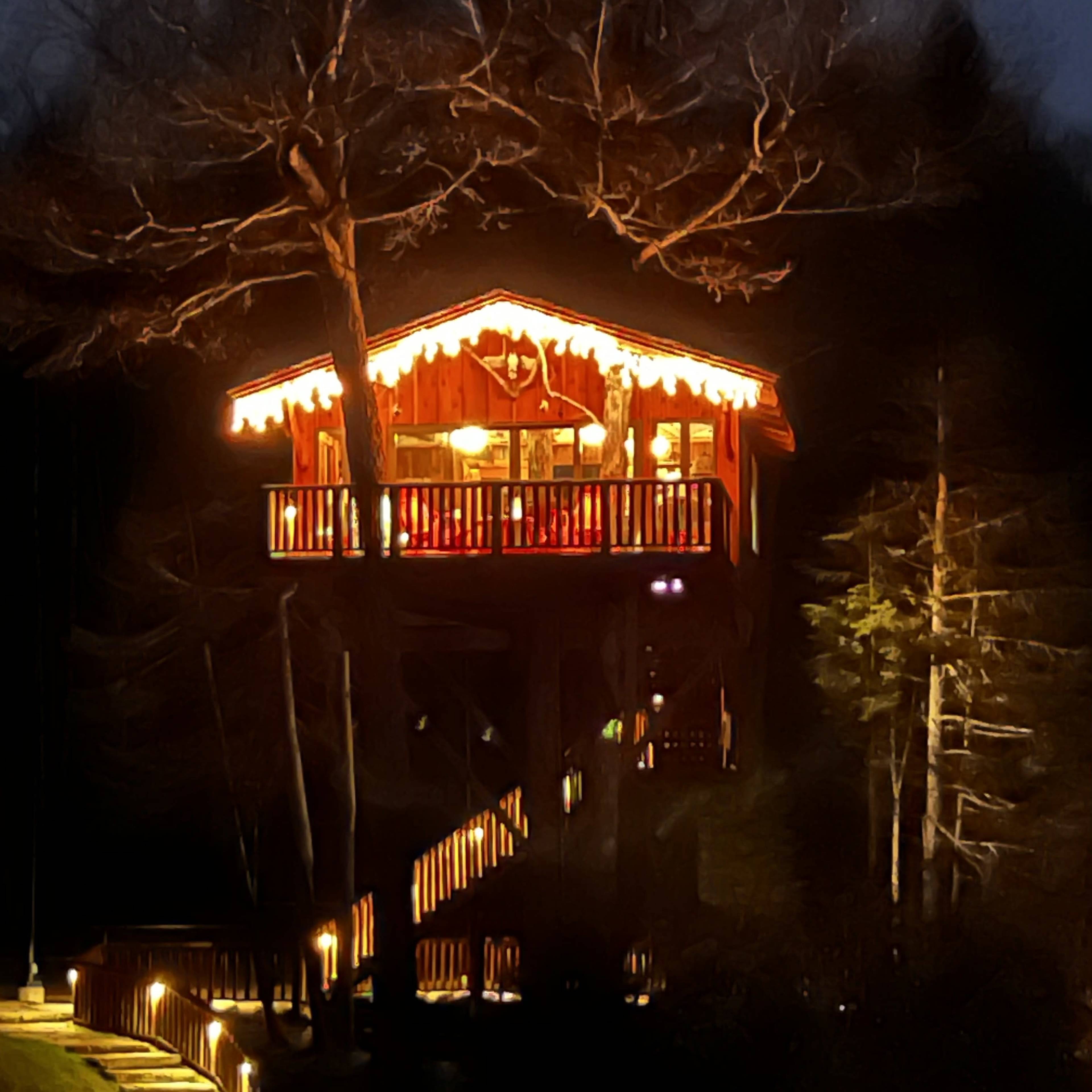 A wooden treehouse adorned with string lights is situated among dark trees at night.