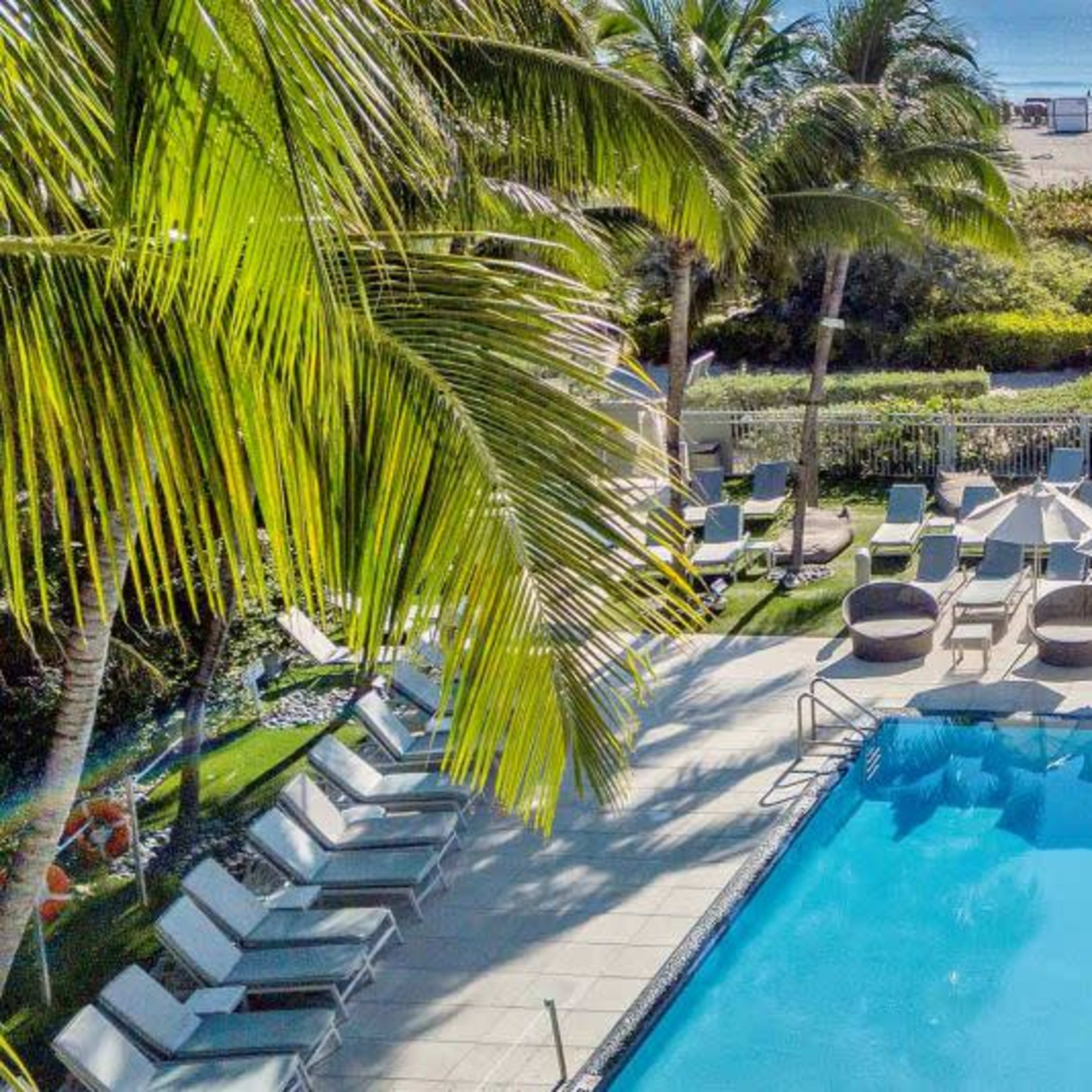 A swimming pool surrounded by lounge chairs and umbrellas, with a beach and ocean visible in the background.