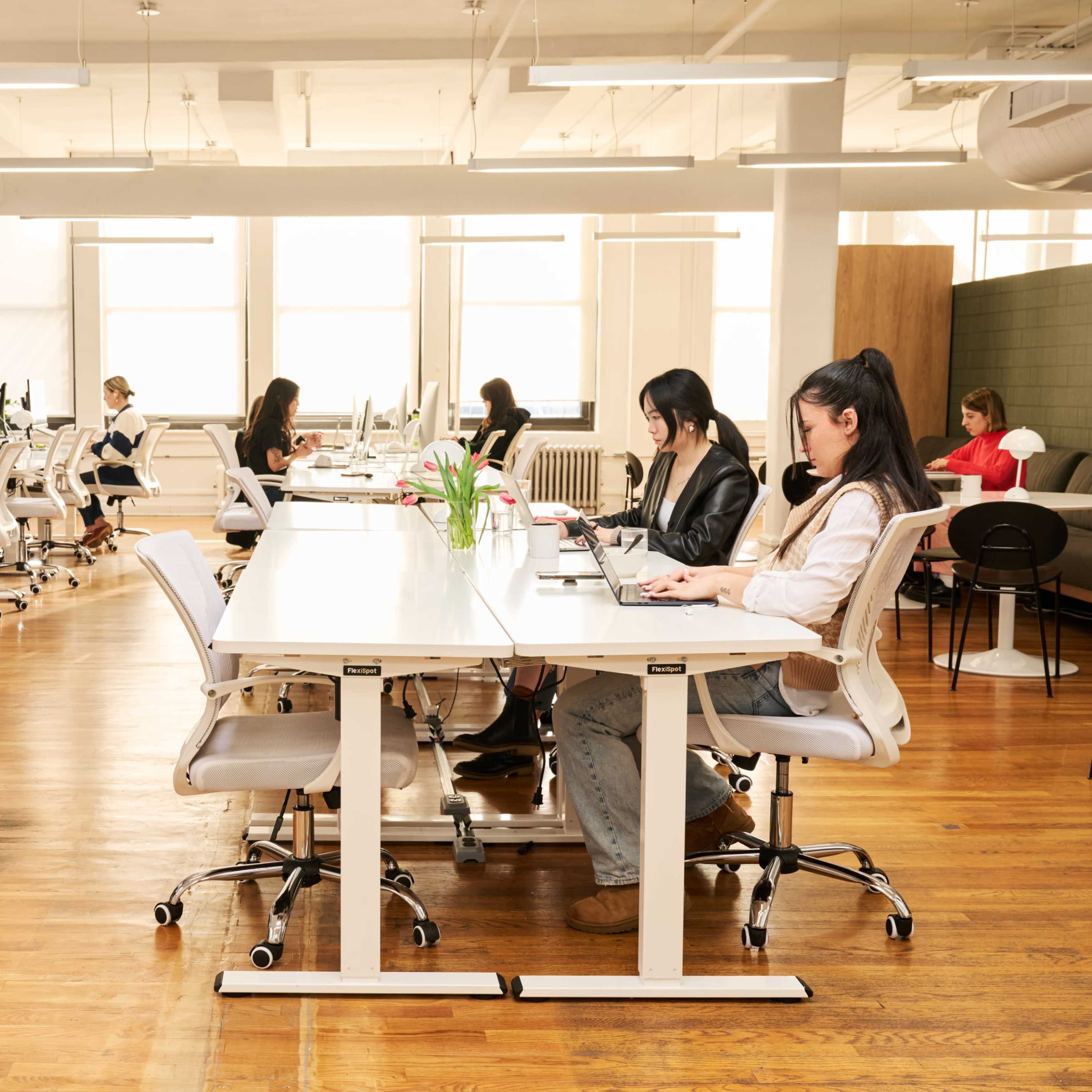 A modern office space with several people working at desks, surrounded by large windows and hardwood flooring.