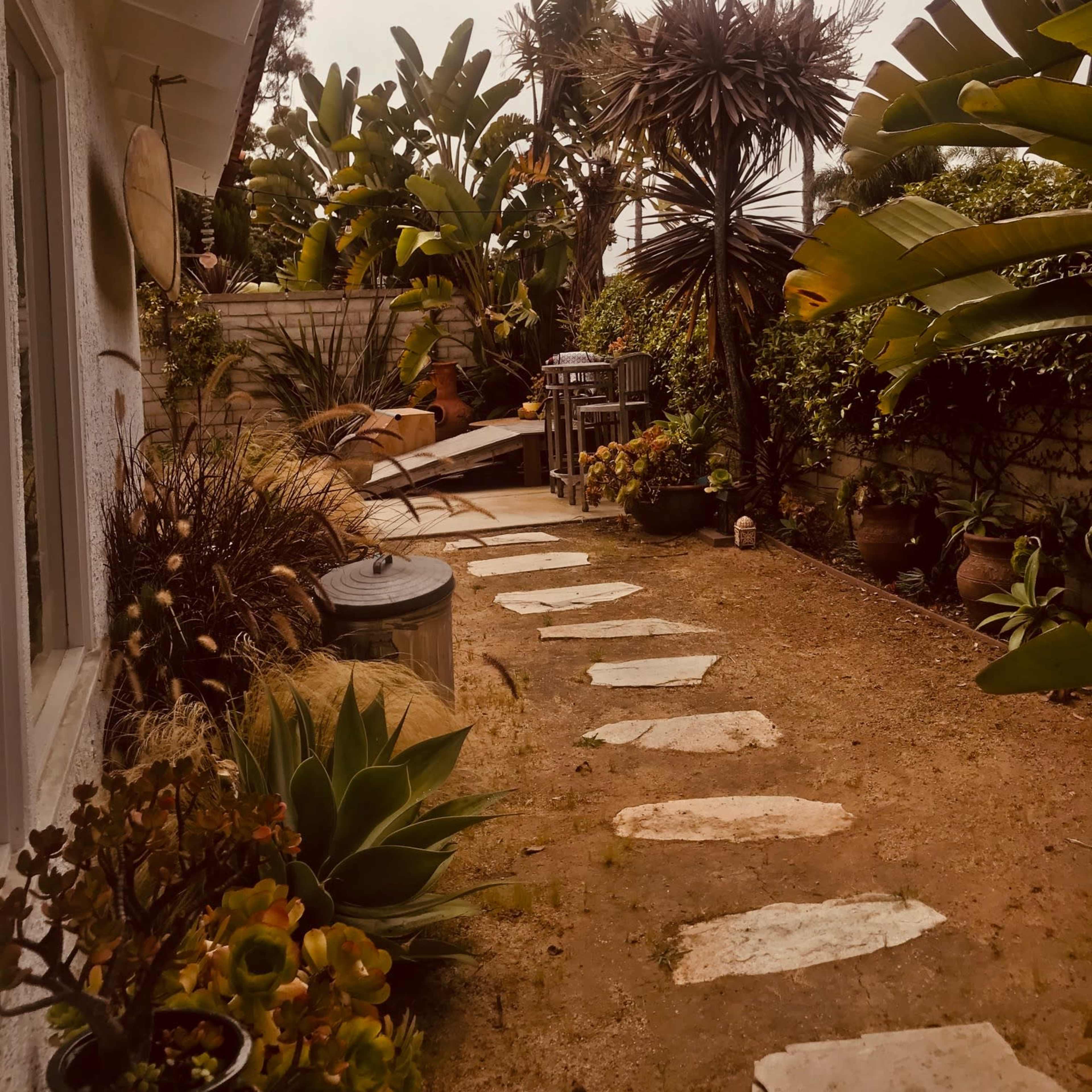 A winding stone pathway leads through a garden filled with various plants and palm trees, alongside a white house.