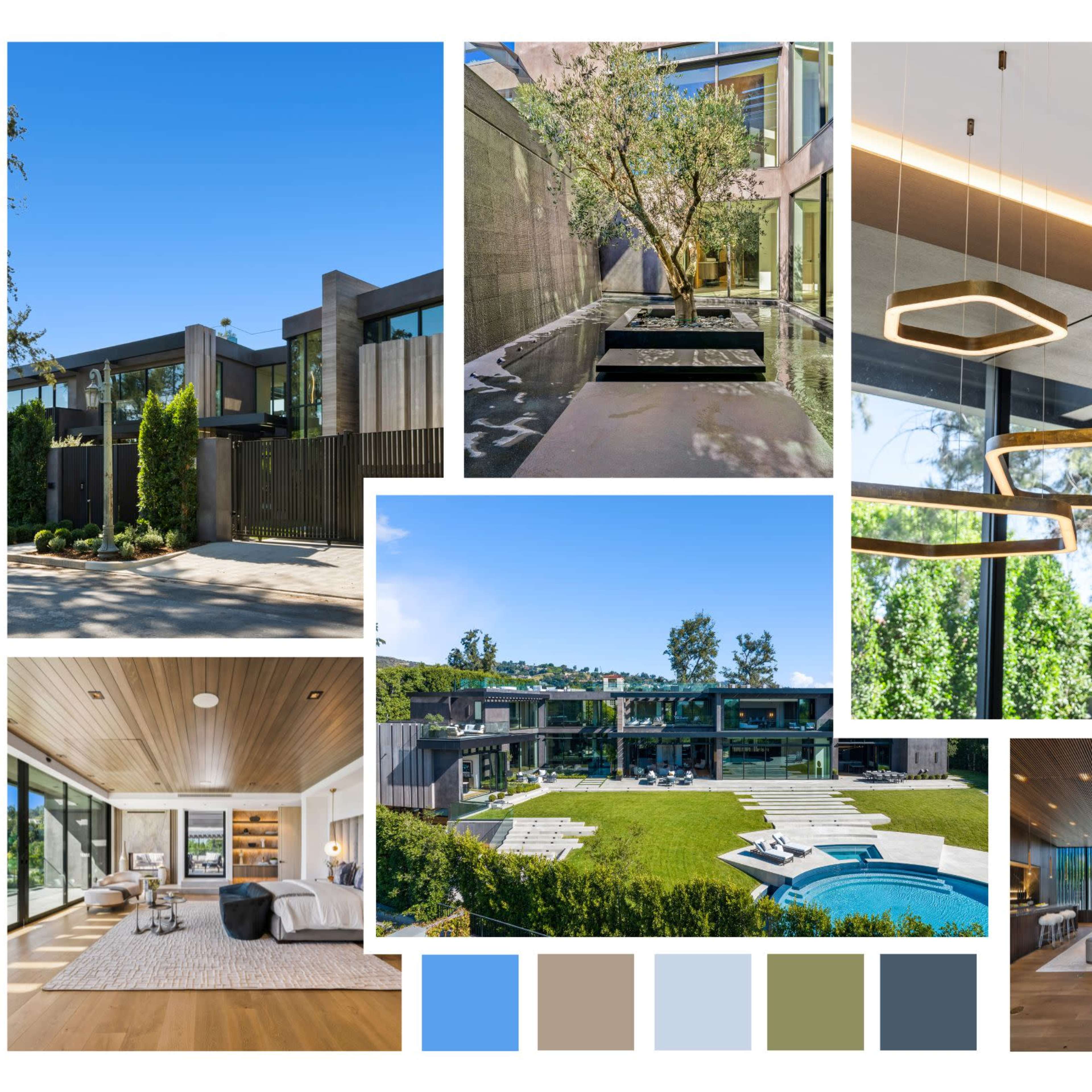 A modern home featuring outdoor and indoor spaces, including a swimming pool, a landscaped garden, and contemporary interior designs with large windows and sleek decor.