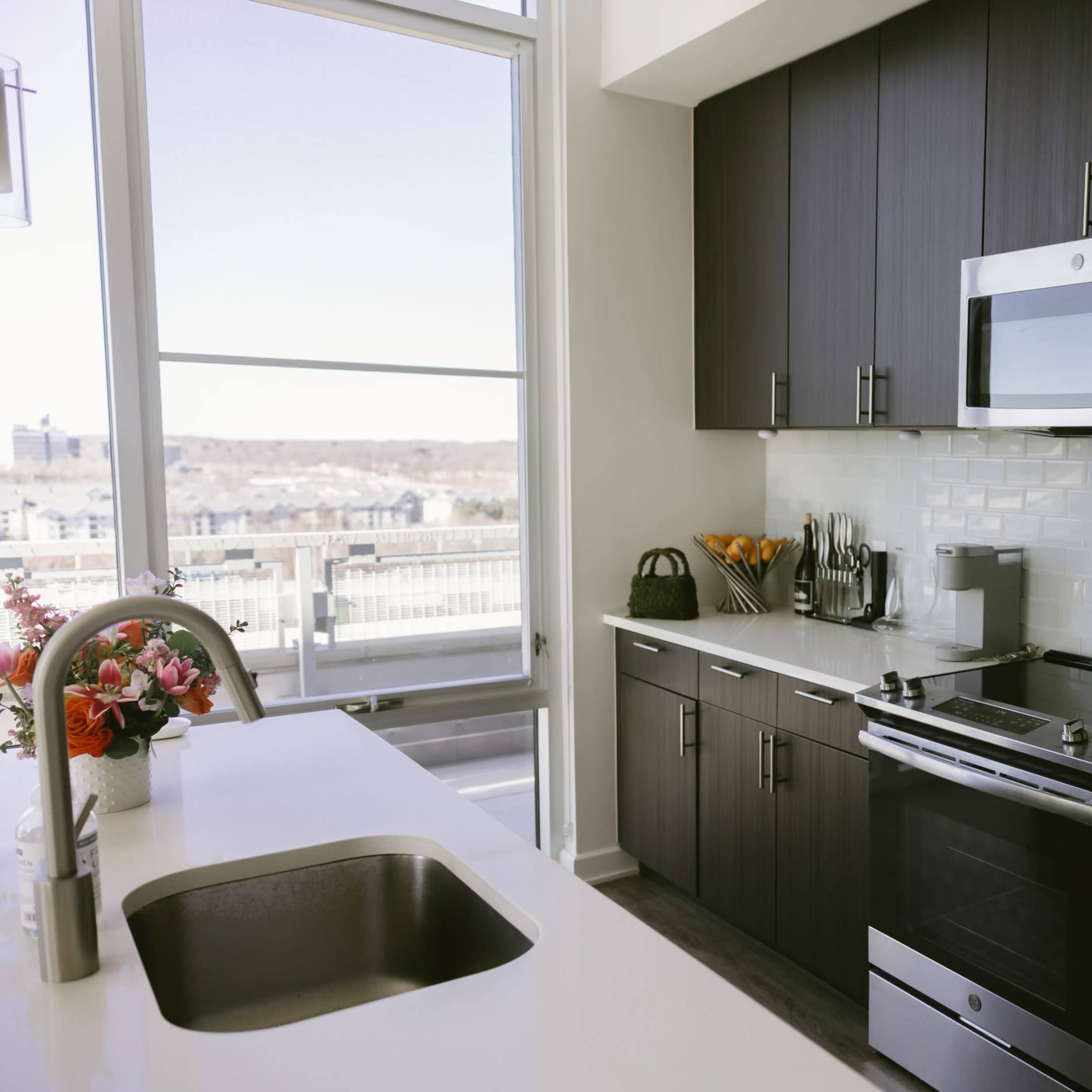 A modern kitchen with dark cabinetry, stainless steel appliances, and a large window overlooking a view.