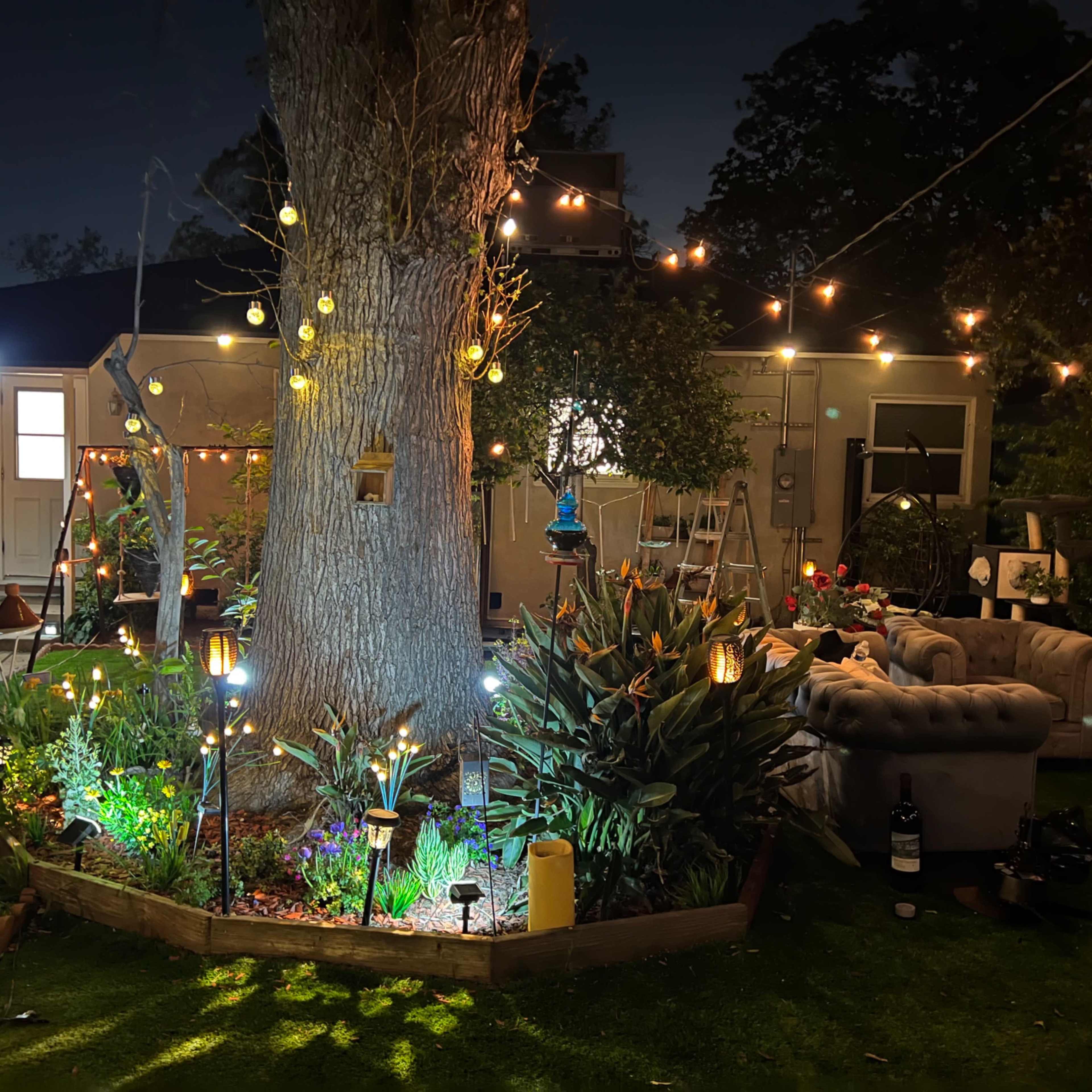 A well-lit garden scene at night with a large tree, string lights overhead, and a cozy seating area surrounded by plants and decorative elements.