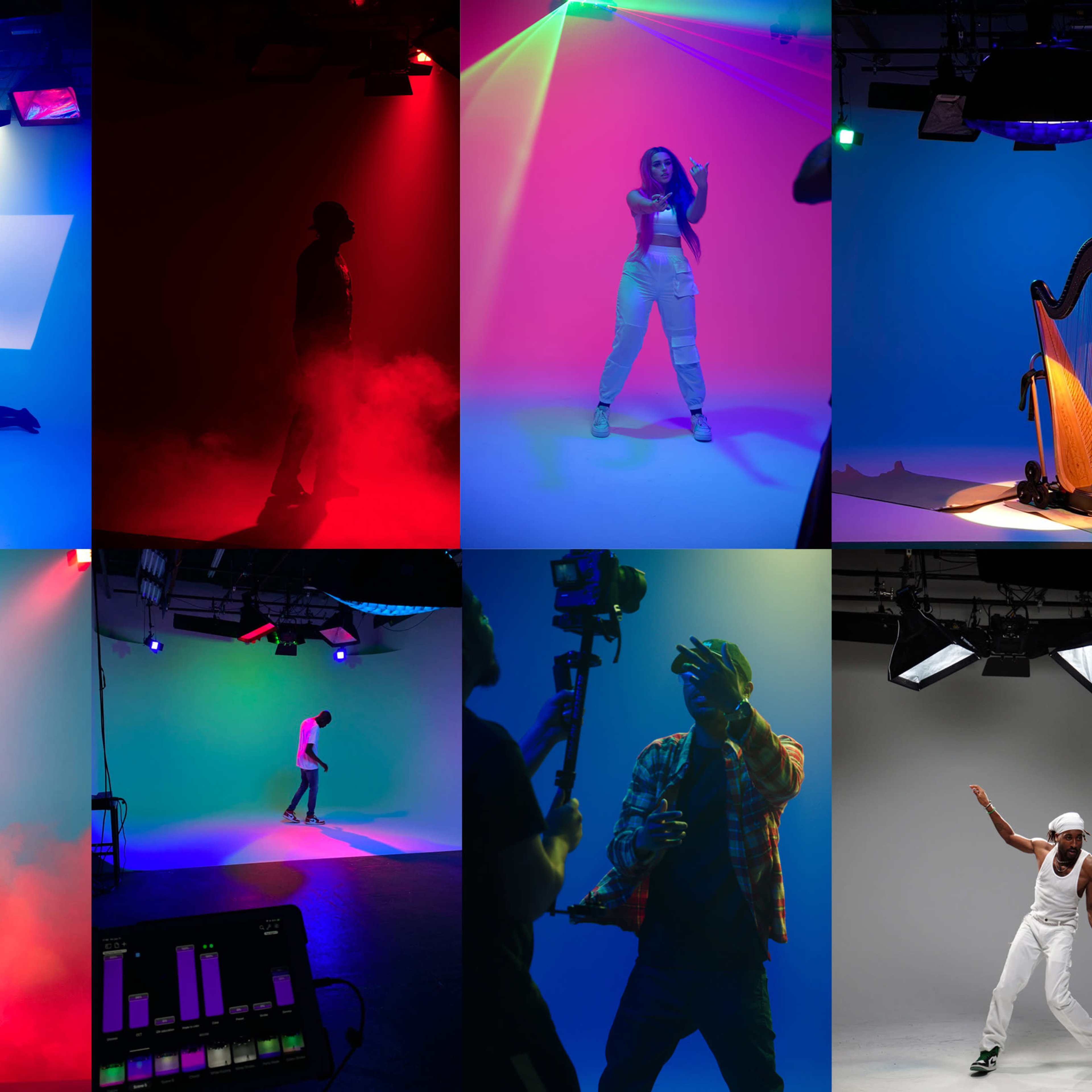 A collage of various performance scenes with colorful lighting, showcasing musicians and dancers in a studio setting.
