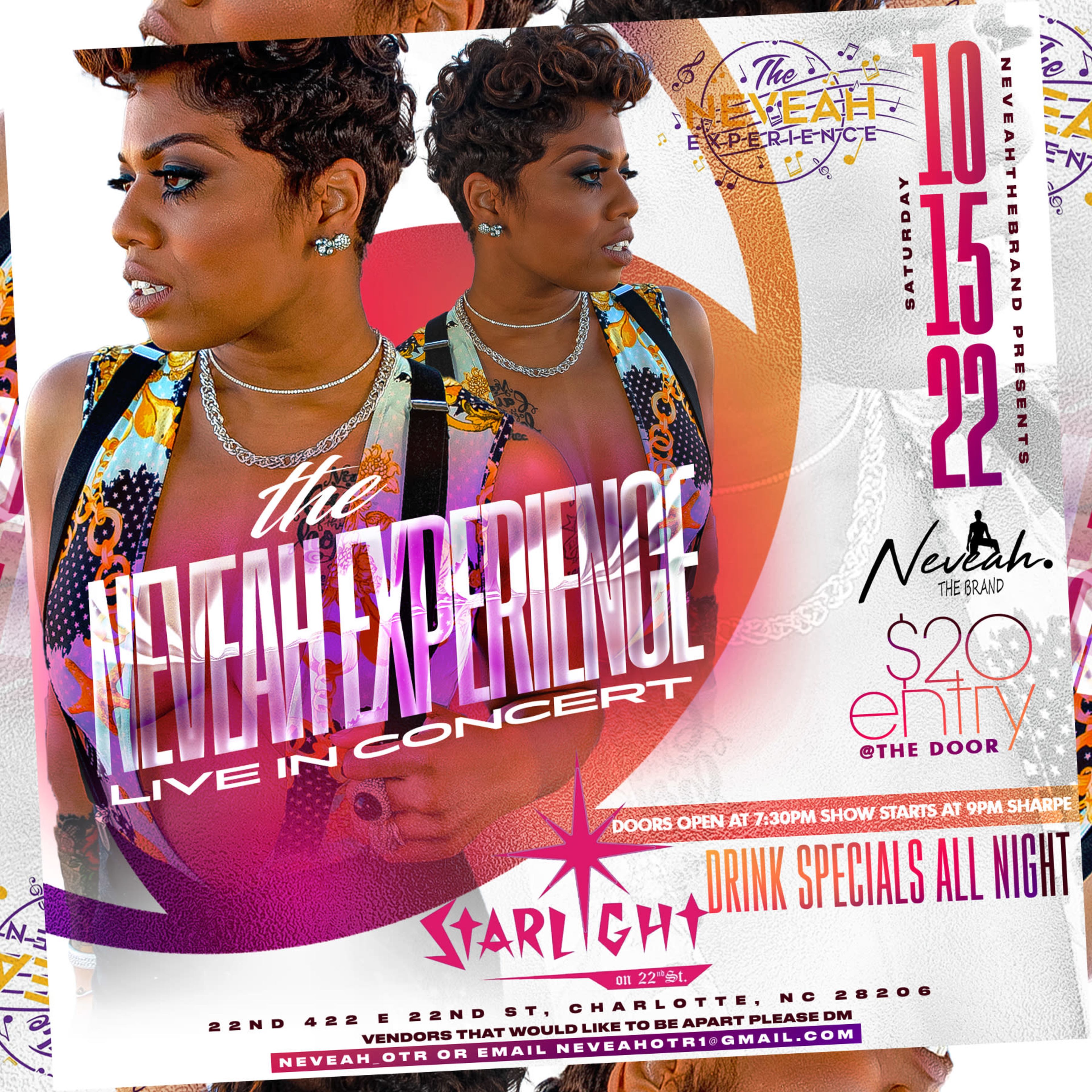 A promotional flyer for "The Neahl Experience" concert featuring a woman, with event details including the date, location, and entry fee.