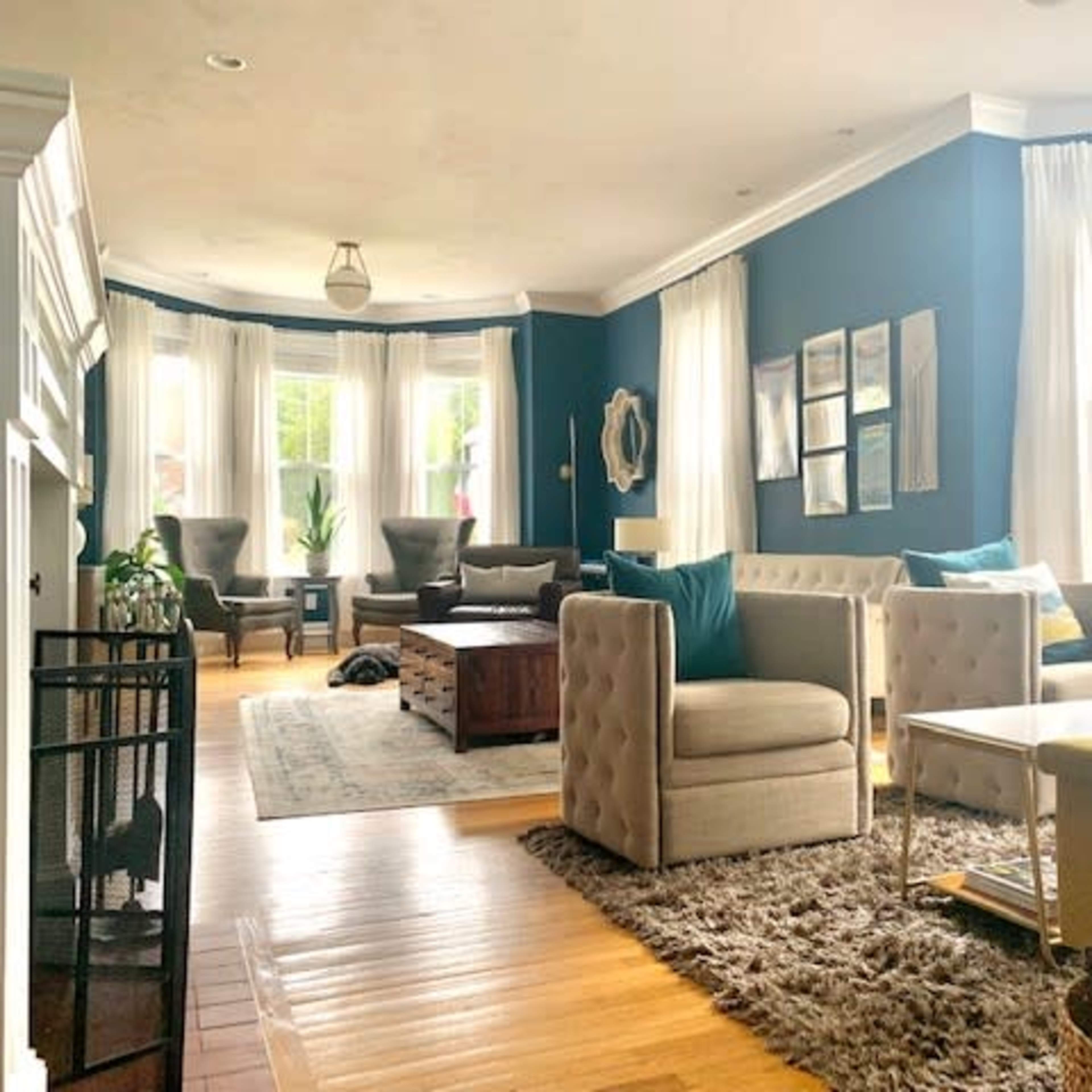 The living room features light-colored furniture, large windows with sheer curtains, and several indoor plants, all arranged around a central area rug.