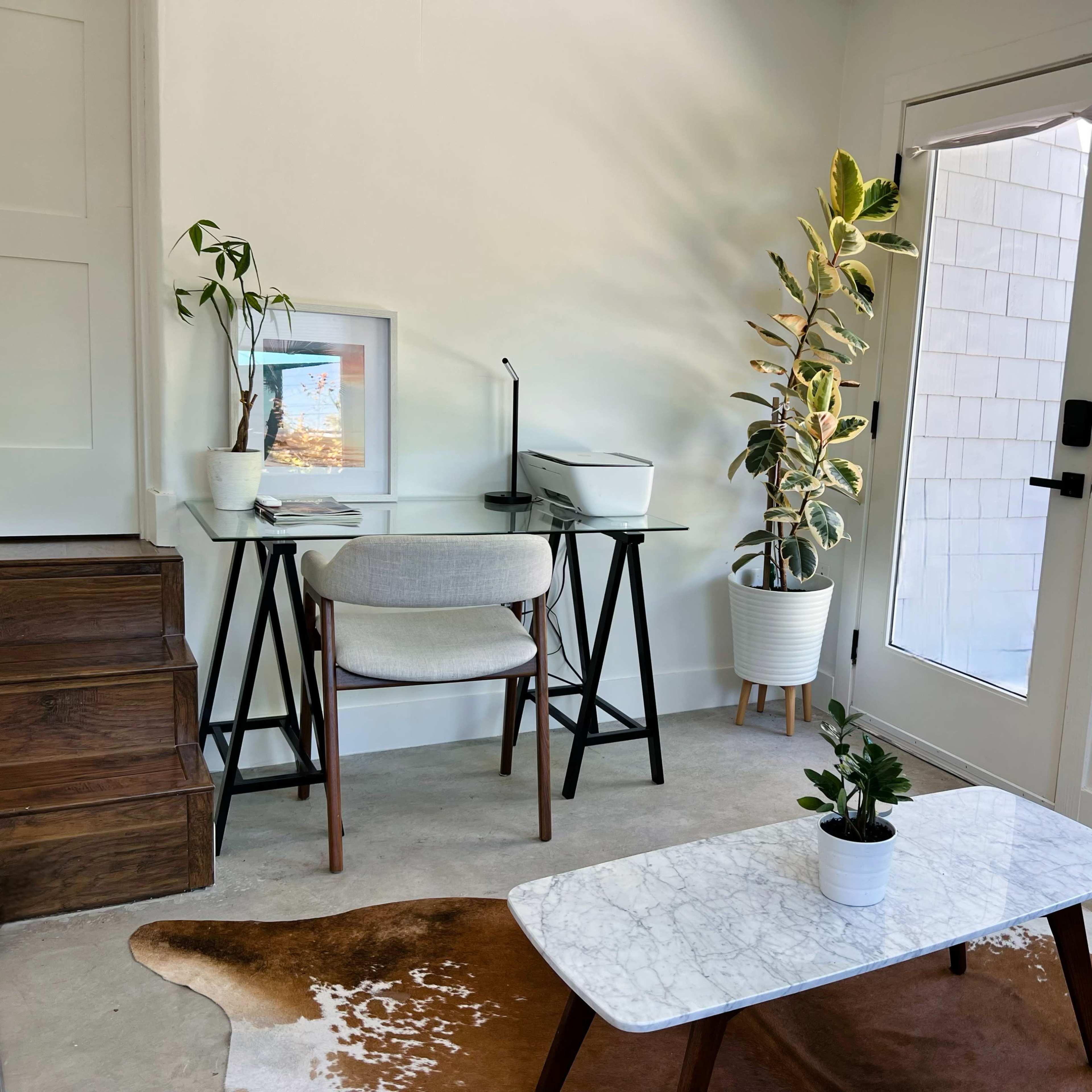A minimalistic indoor workspace featuring a desk with a chair, plants, and a glass door that leads outside, all set on a light-colored concrete floor.