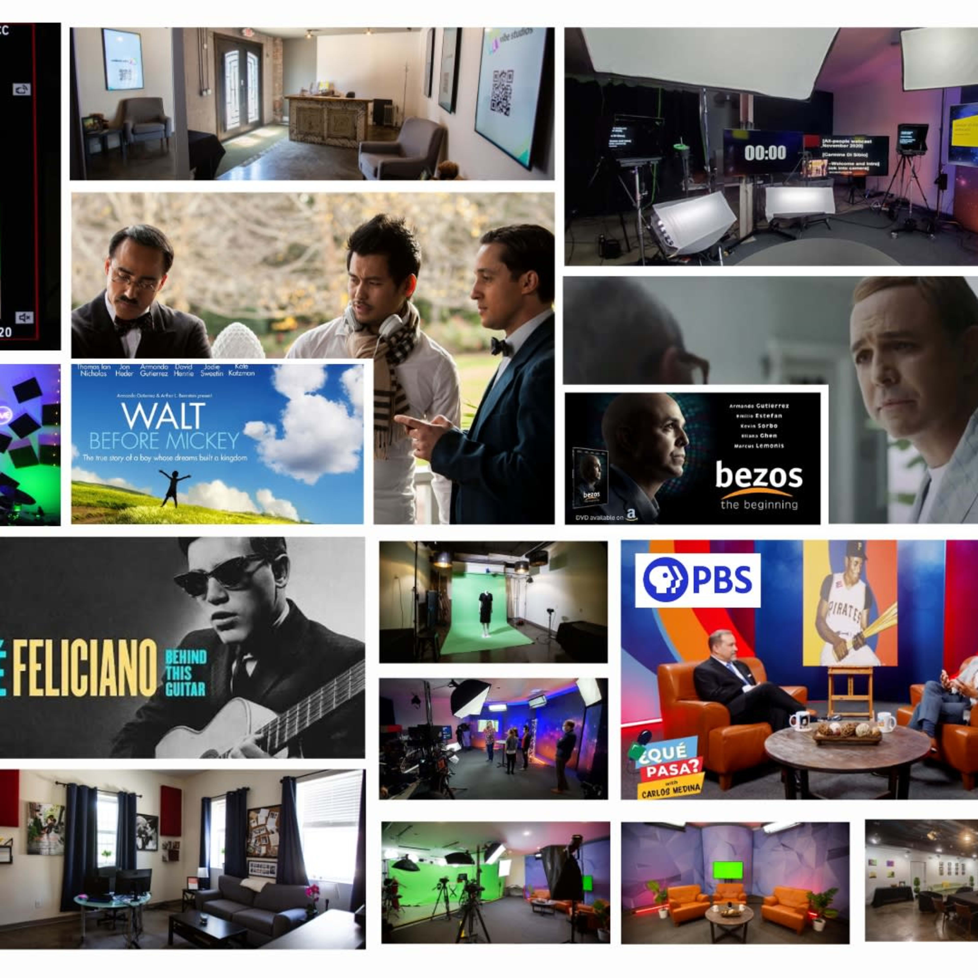 A collage of various scenes, including film sets, interviews, musical performances, and living spaces.