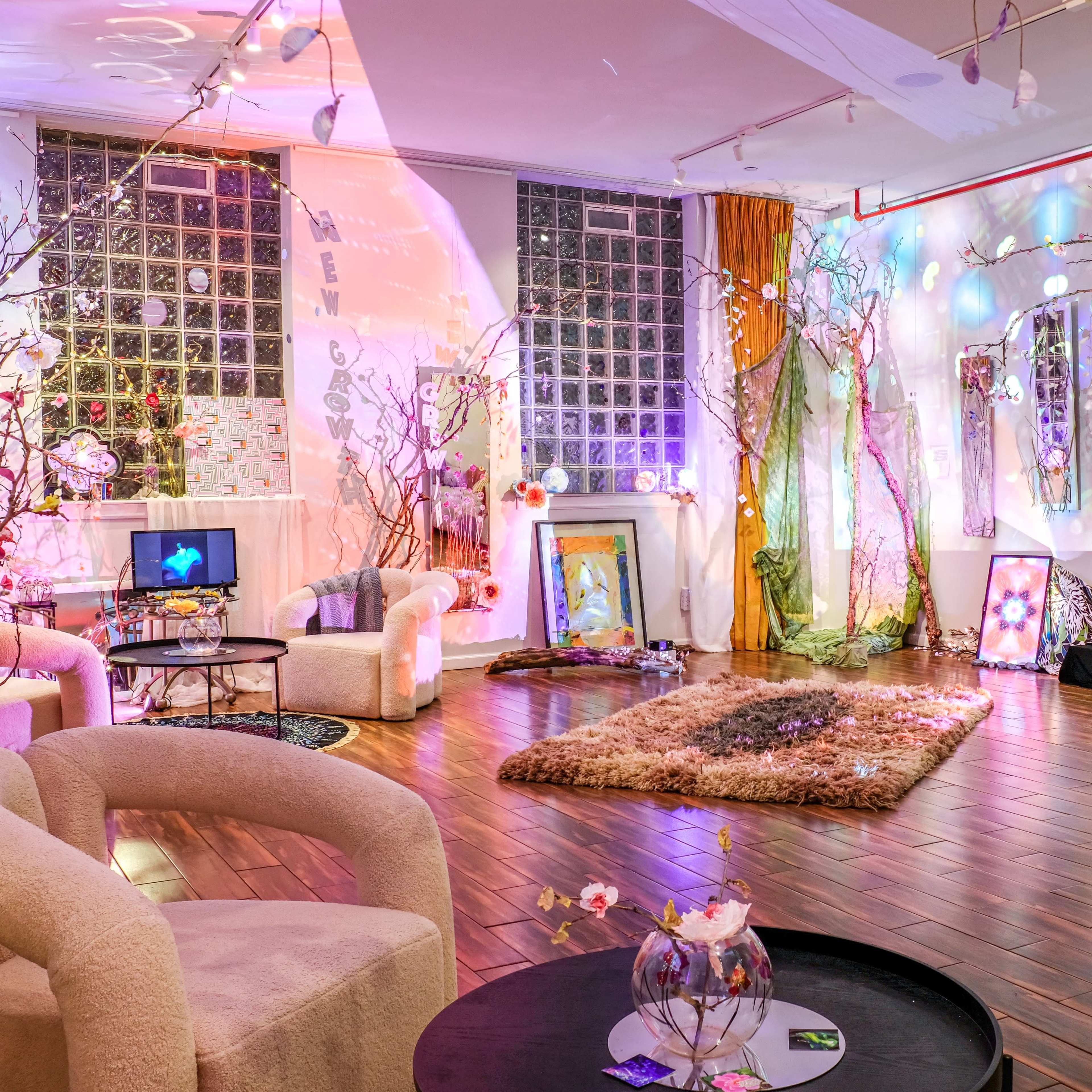 A brightly lit interior space featuring modern, circular chairs, decorative branches, soft rugs, and colorful lighting effects on the walls.