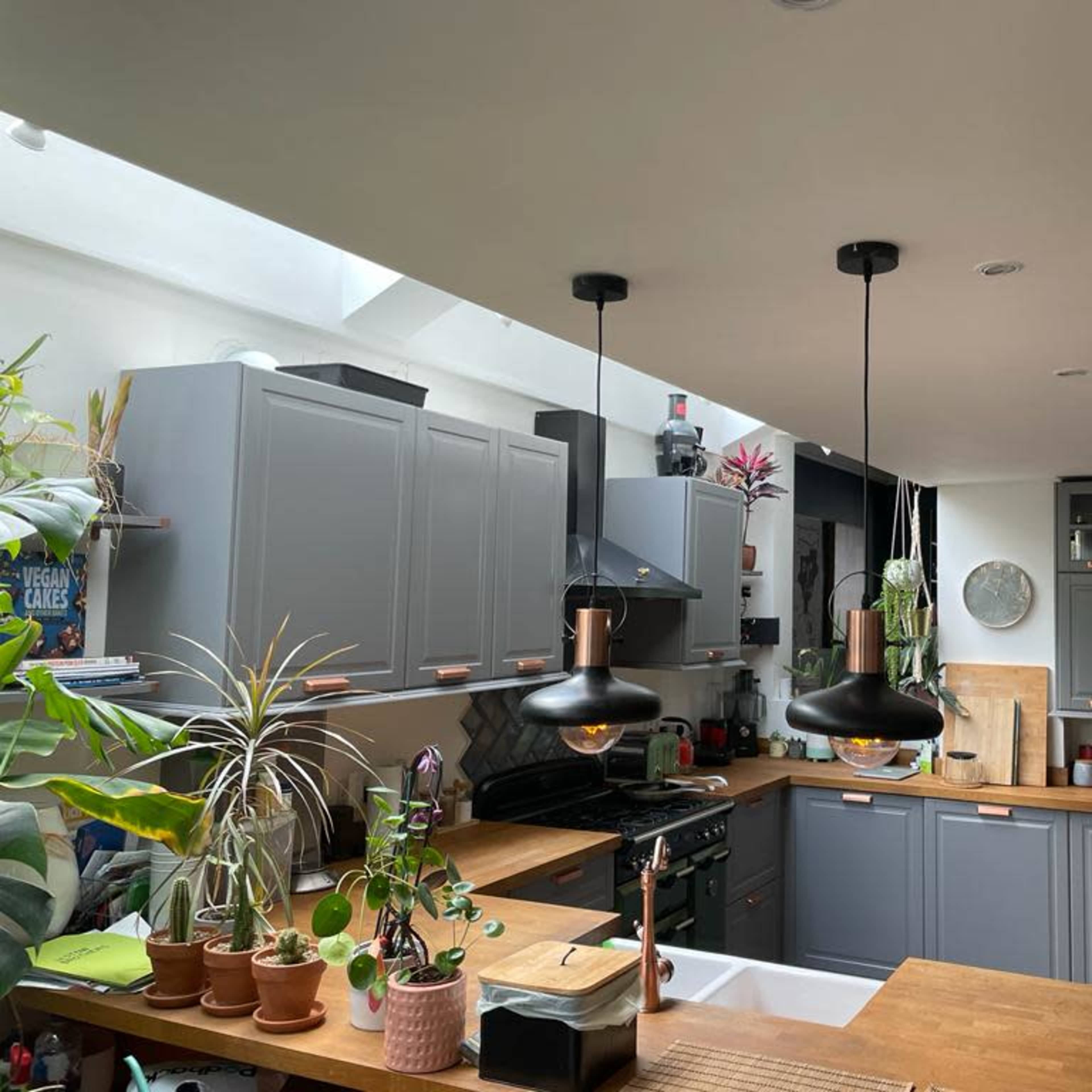 A modern kitchen with gray cabinets, wooden countertops, and hanging pendant lights, featuring various plants and kitchen appliances.