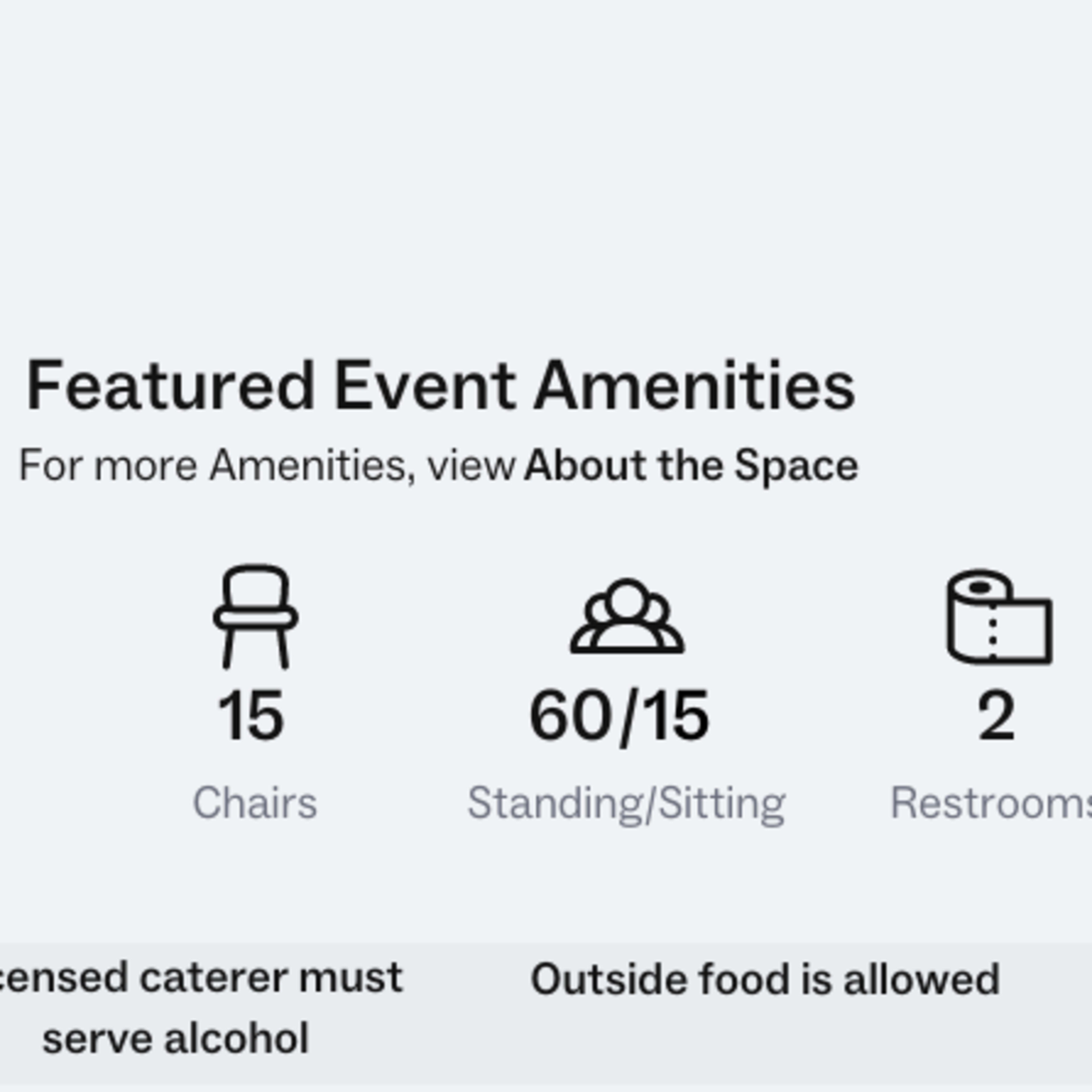 Featured event amenities including 5 tables, 15 chairs, capacity for 60 people standing or sitting, and 2 restrooms.