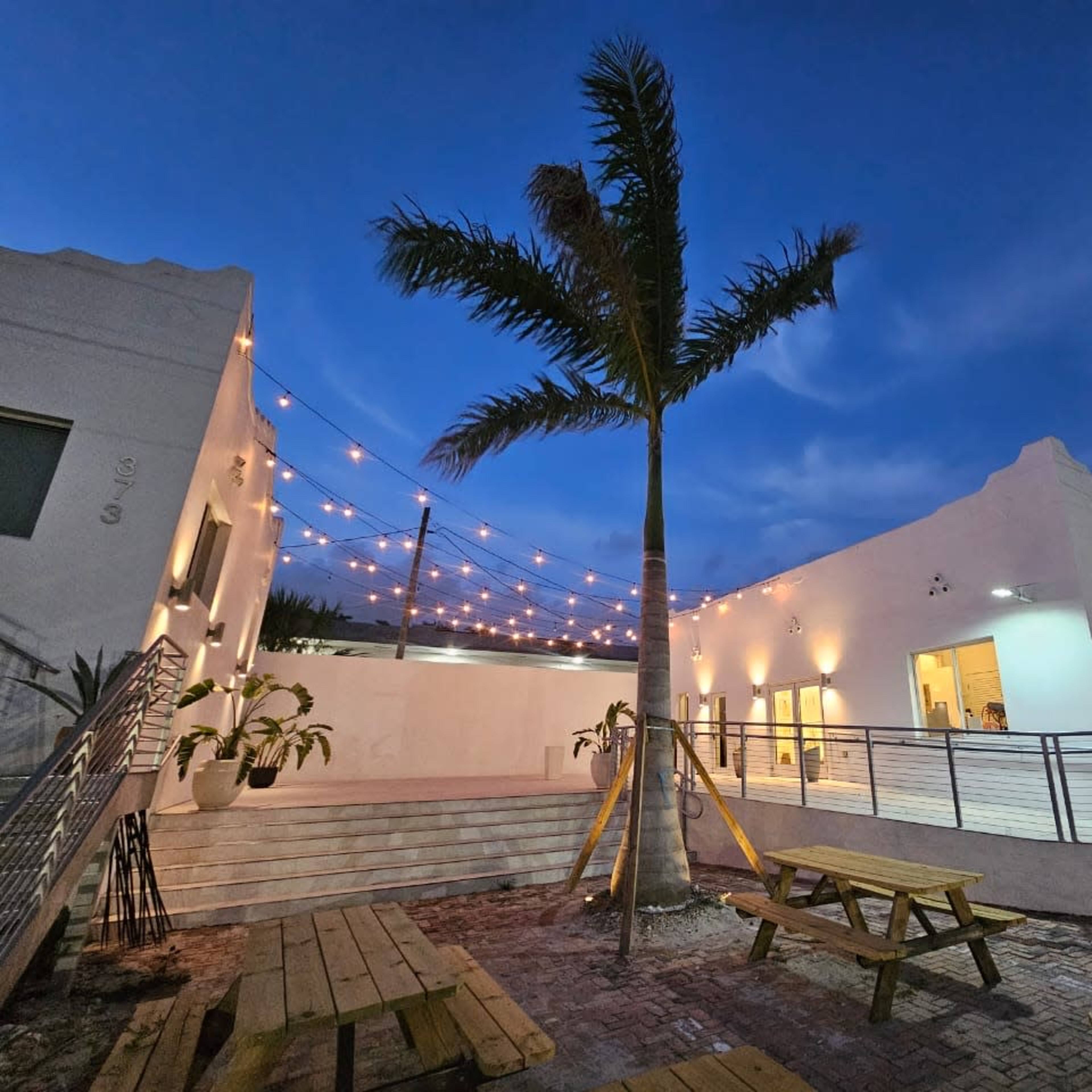 A modern building with large windows is illuminated by string lights in an outdoor seating area surrounded by palm trees at dusk.