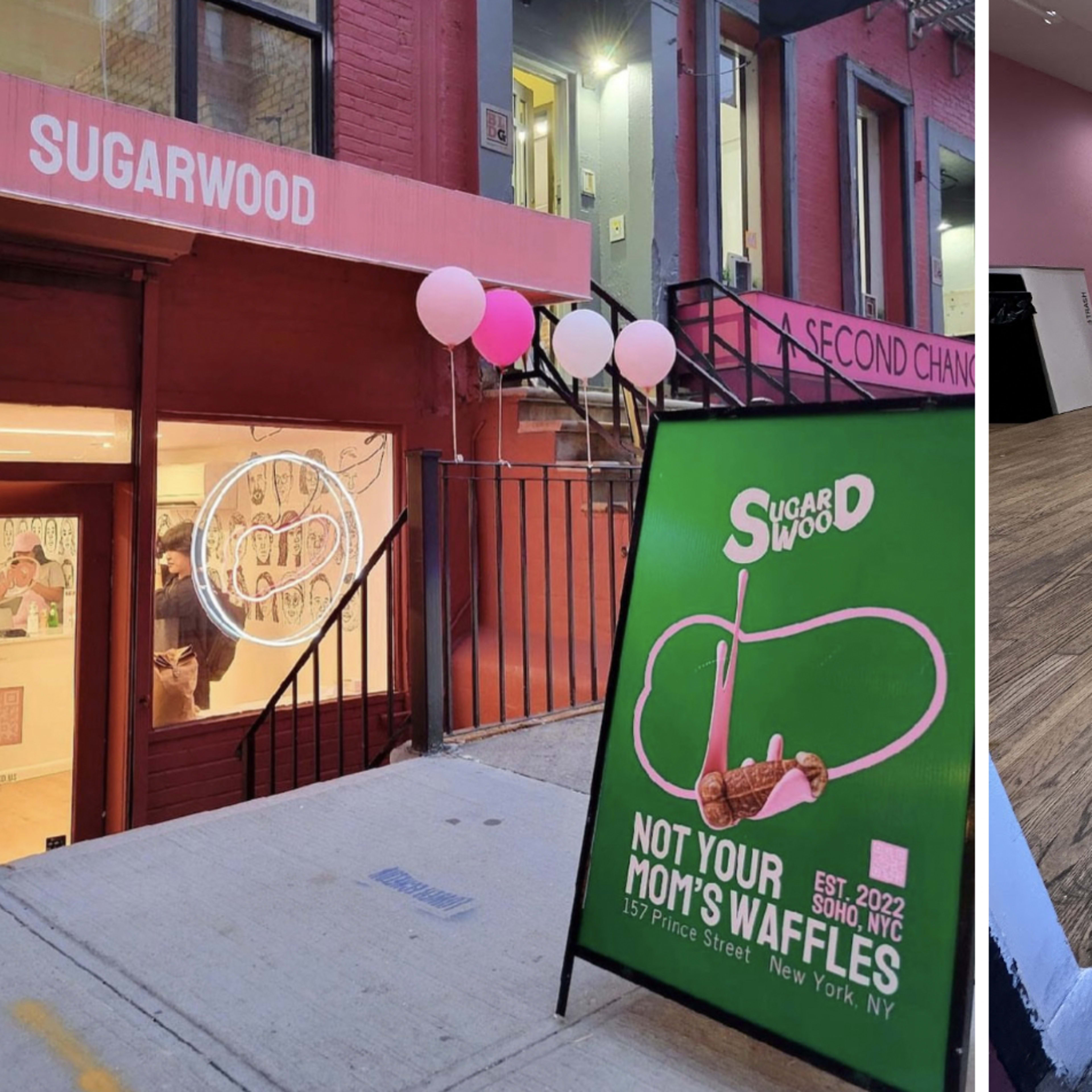 The exterior of a shop named "Sugarwood" with a bright entrance and a sign advertising "Not Your Mom's Waffles," alongside the interior space featuring a pink and white color scheme with a directional sign on the floor.
