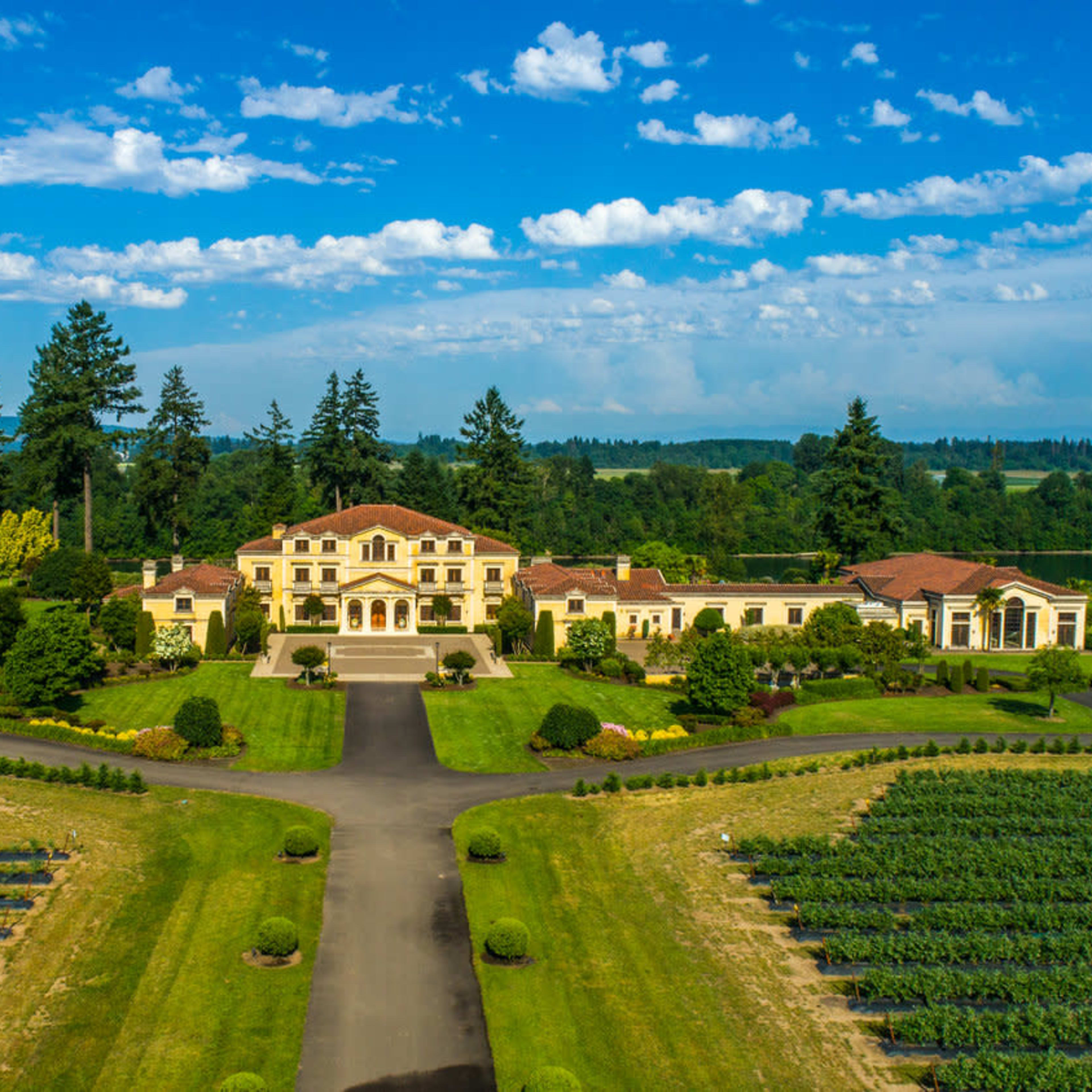 A large, elegant mansion is surrounded by manicured gardens and rows of vineyards under a blue sky with scattered clouds.