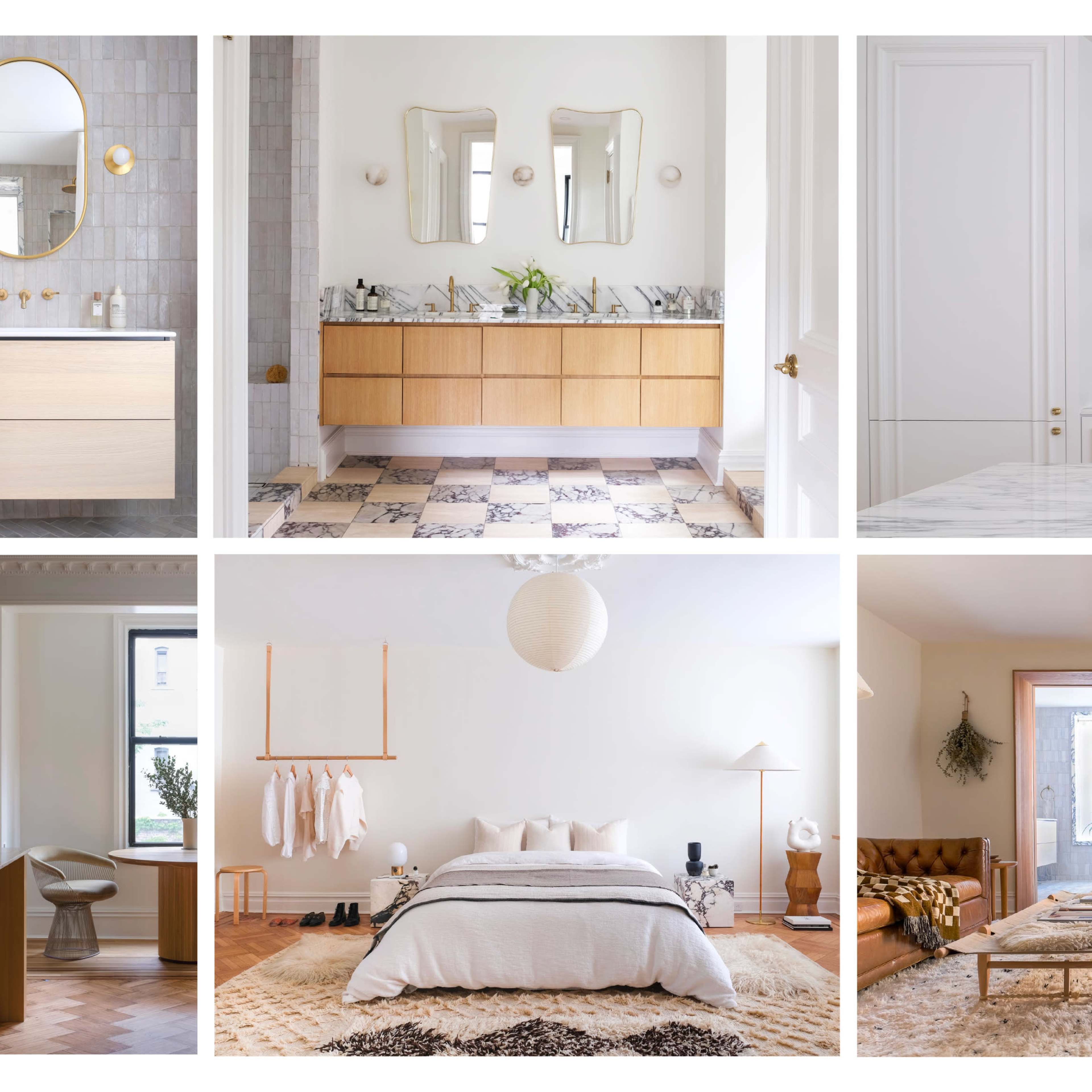 A collage of six interior spaces featuring modern design elements, including bathrooms with marble countertops, a minimalist bedroom, and a stylish living area with a sofa and decorative accents.