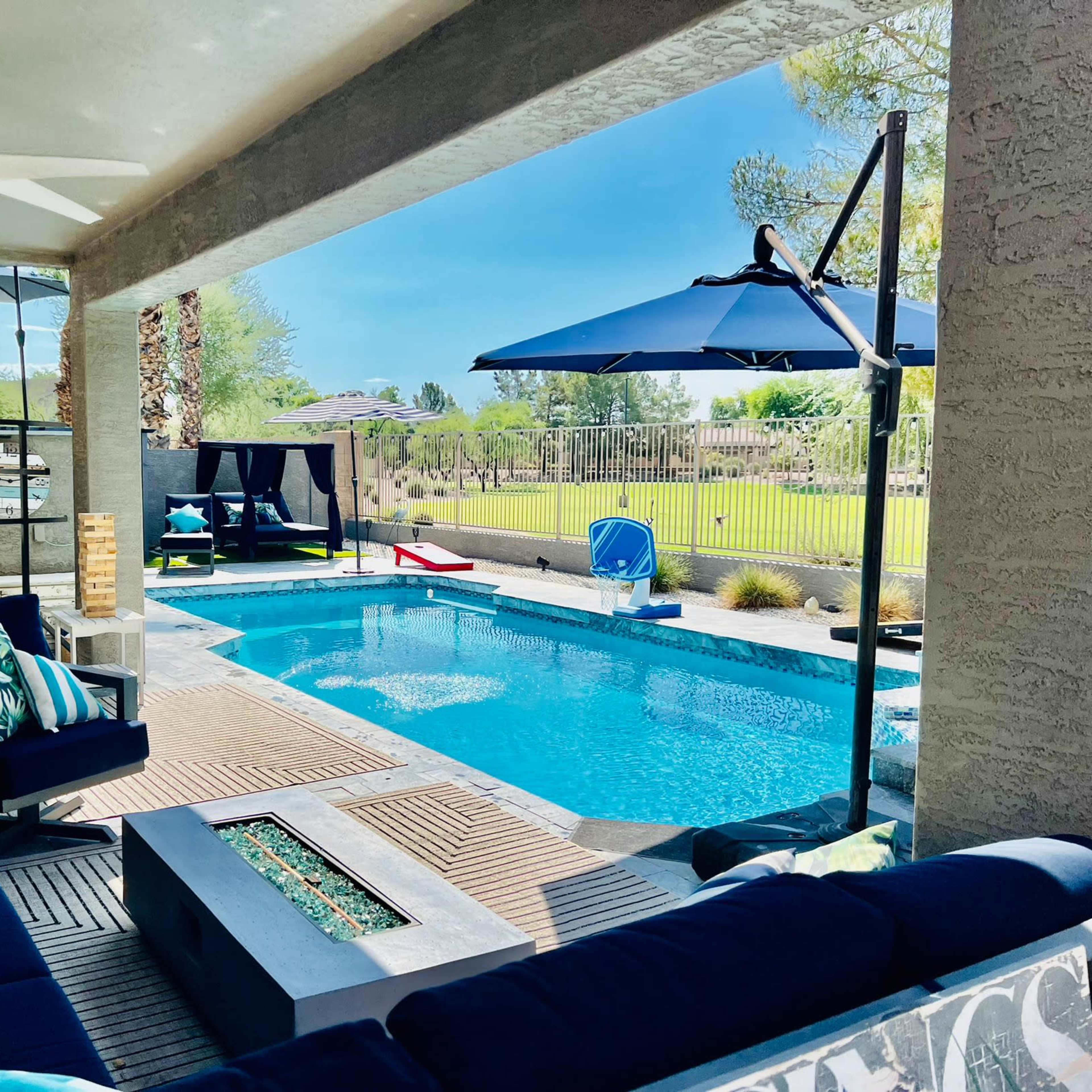 Luxury Resort Pool | 5 Star Service | Birthday Party | Hot Tub with Greenbelt View | Pool Table Gameroom and Living Space Image in Fox Crossing, Chandler, AZ