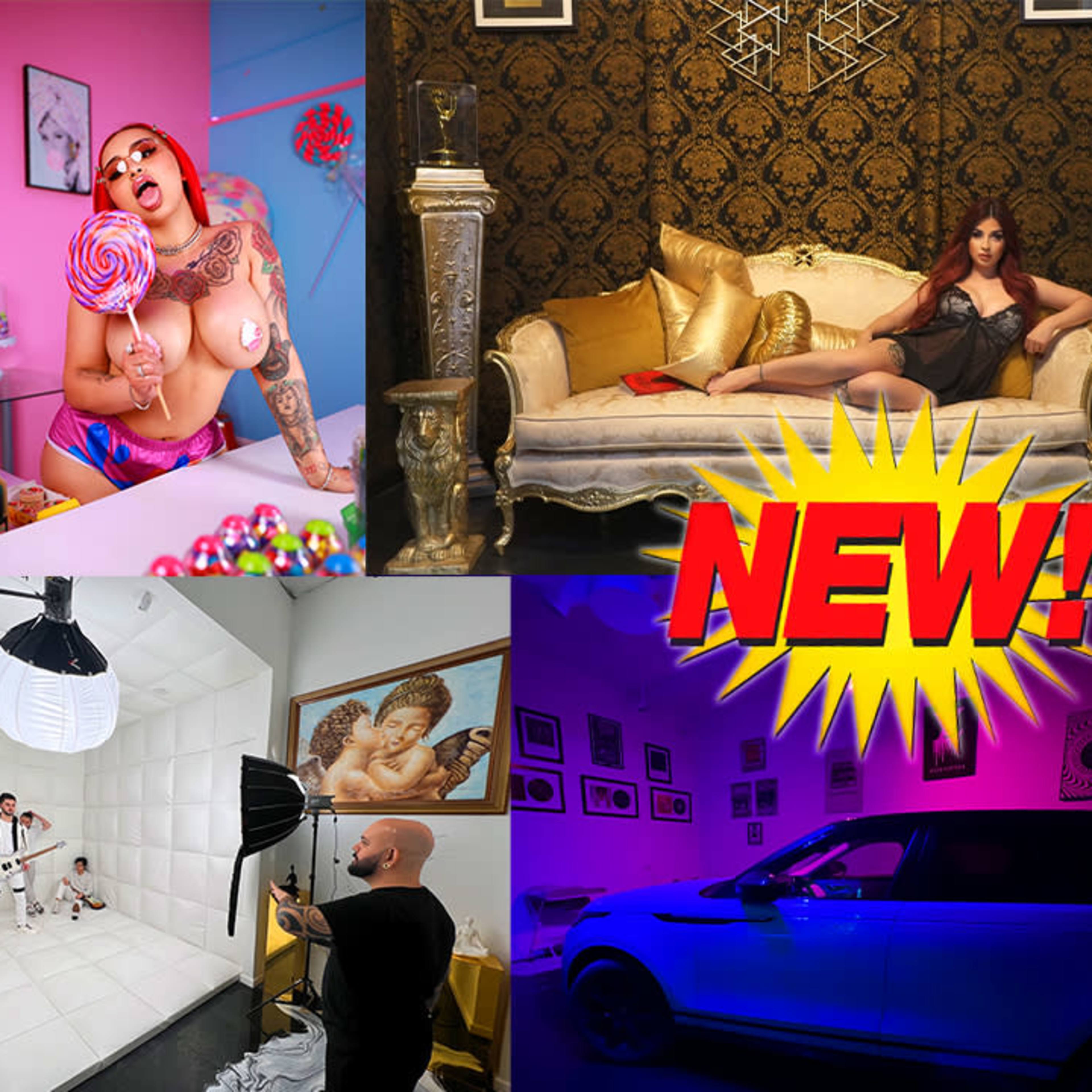 A collage of various scenes, including two individuals posing in unique rooms, a stylish sofa setting, and a vehicle parked in a brightly lit area.