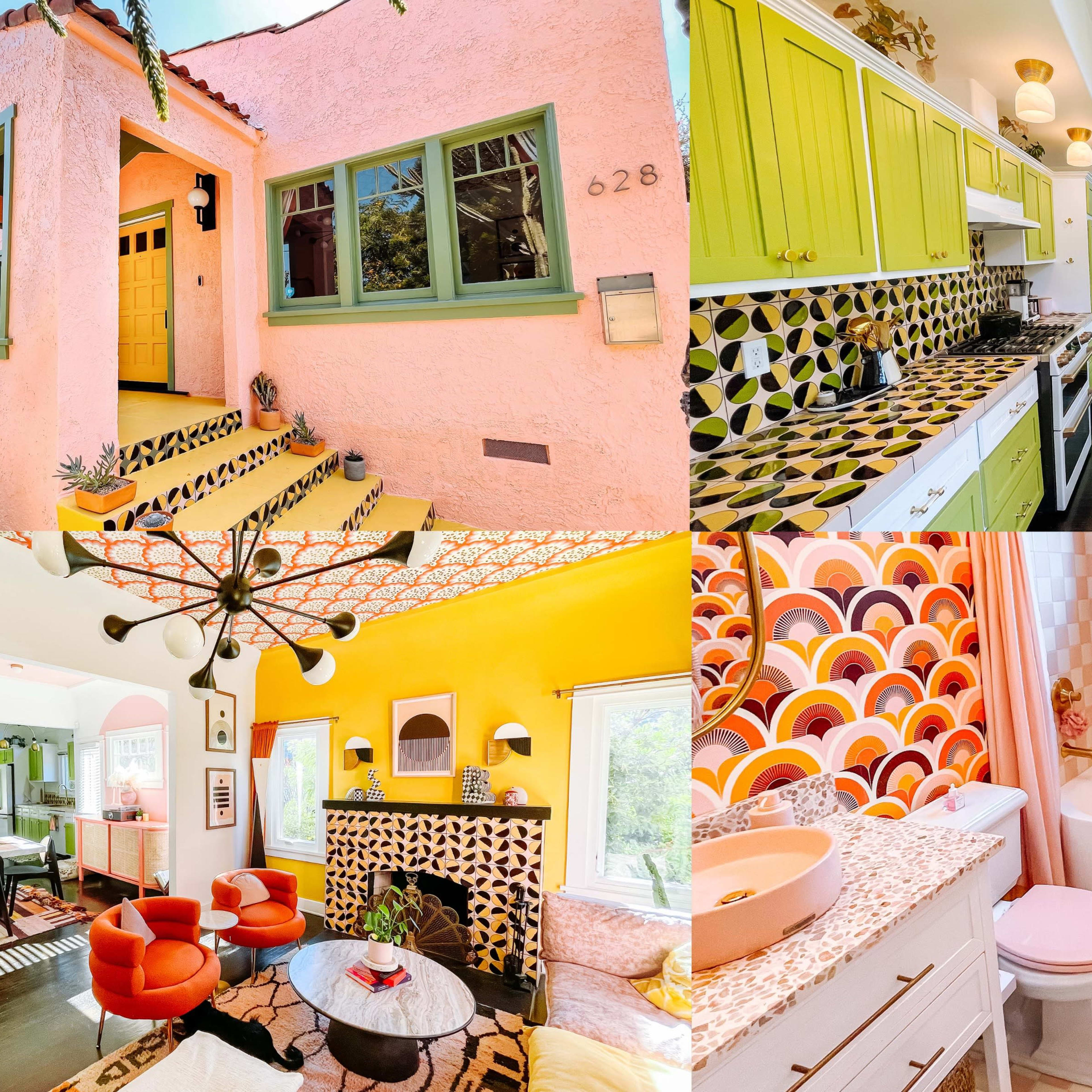 A vibrant, multi-room house showcasing a pink exterior, brightly colored kitchens and bathrooms, and bold patterned decor.