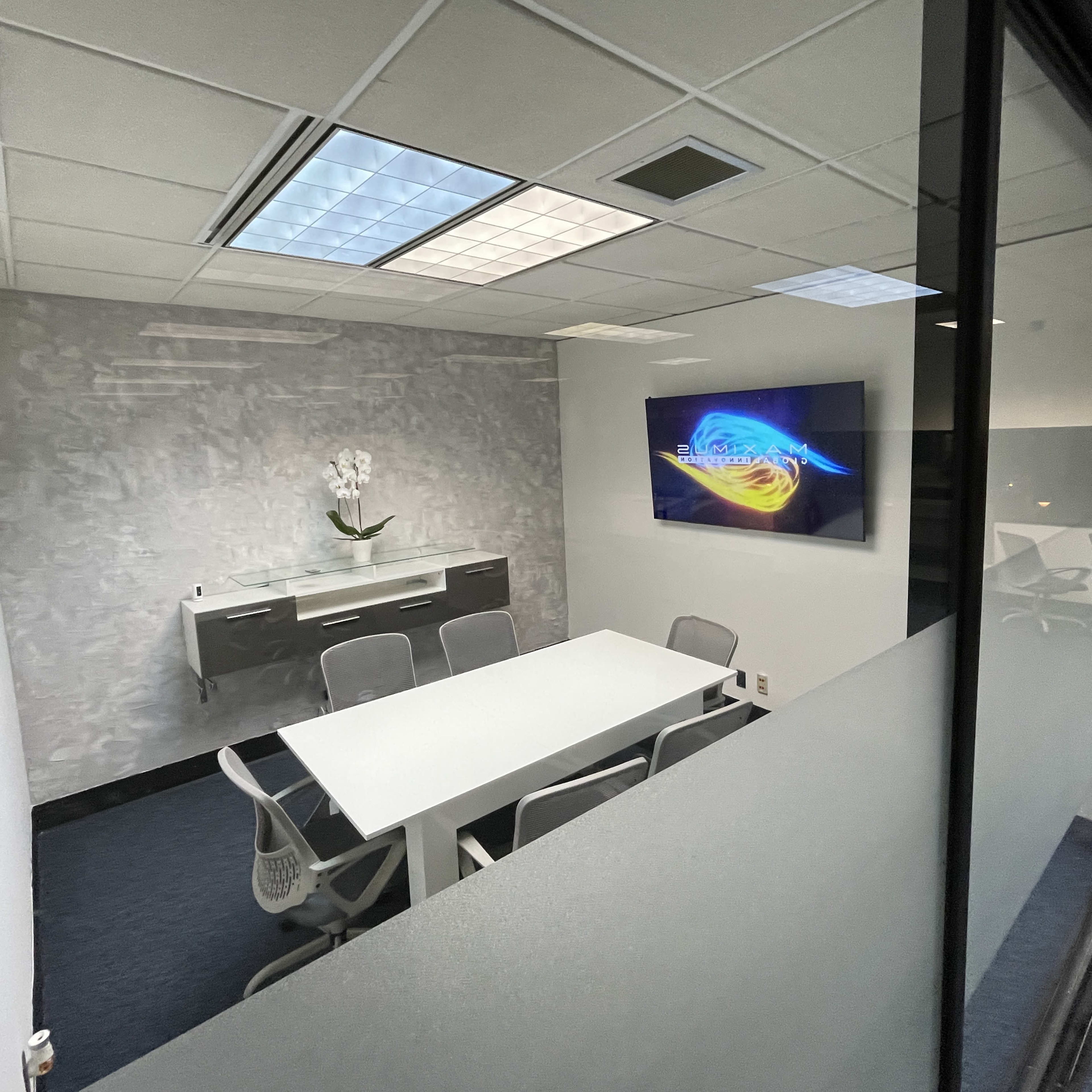 A modern conference room with a white table, six chairs, a wall-mounted television, and a decorative plant in a glass-walled space.