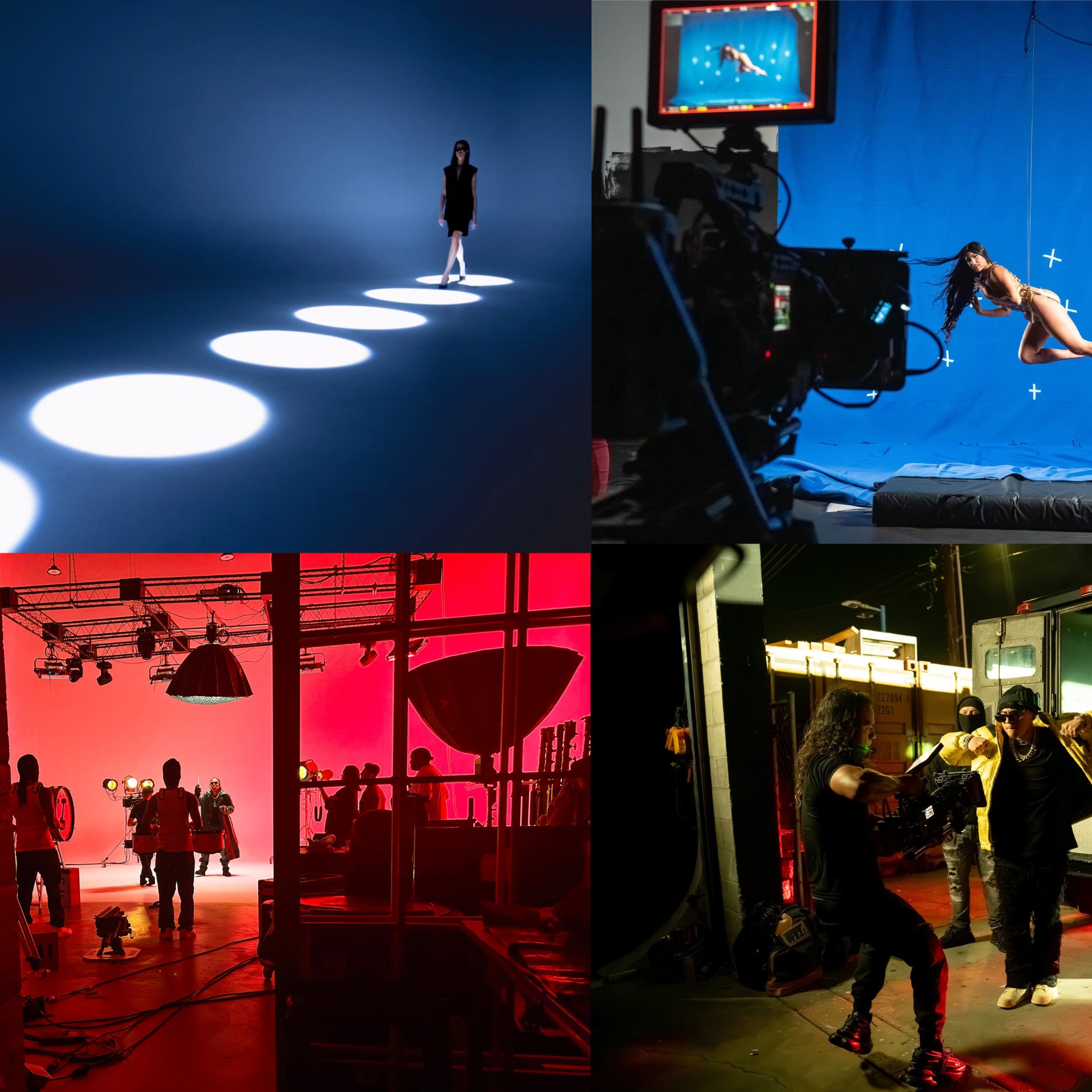 Four scenes: a model standing under spotlight, a person jumping against a blue backdrop, a studio setup with red lighting and crew, and a group of people near a food truck.