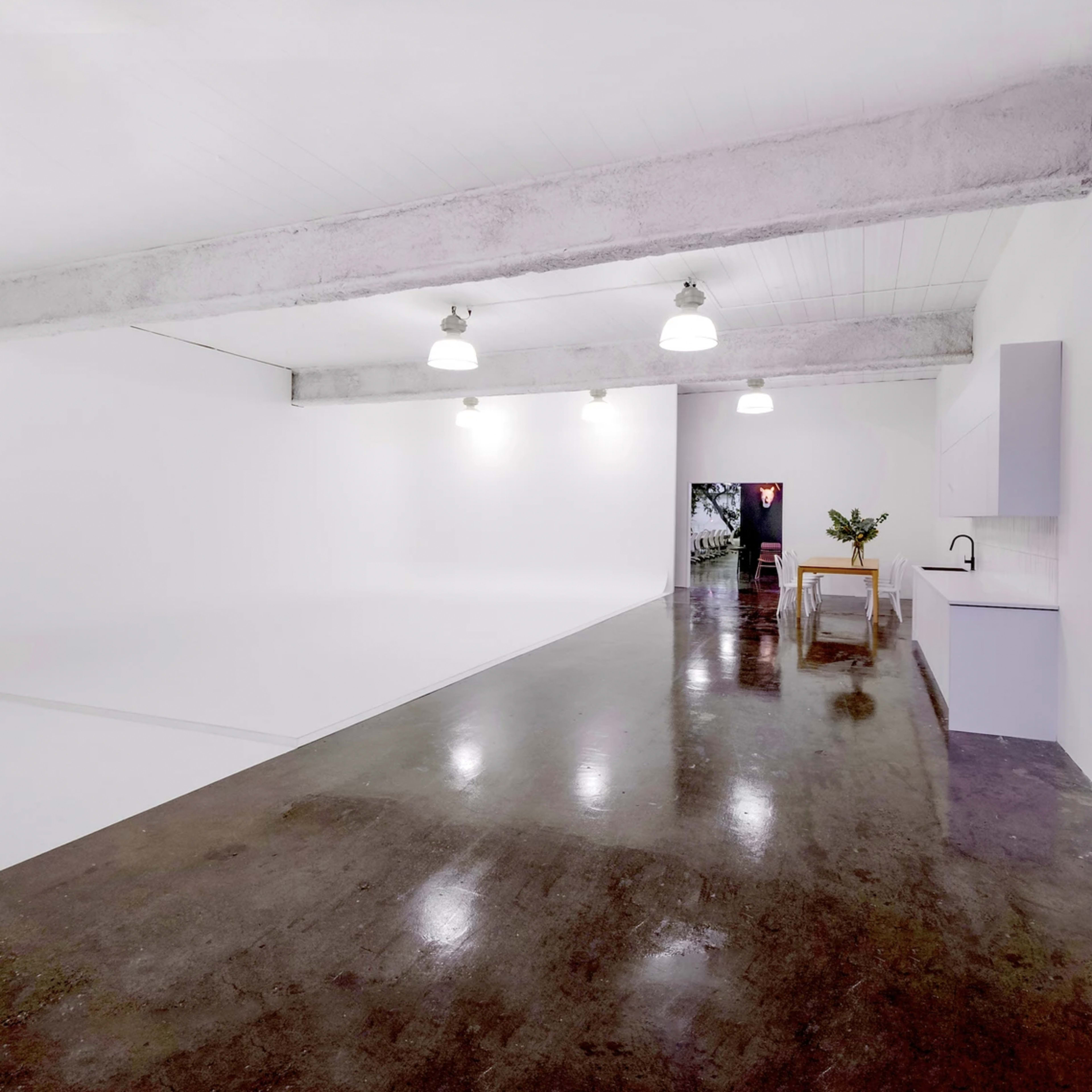 A spacious, well-lit studio featuring a white backdrop, polished concrete floor, and minimal furnishings including a plant and a small table.