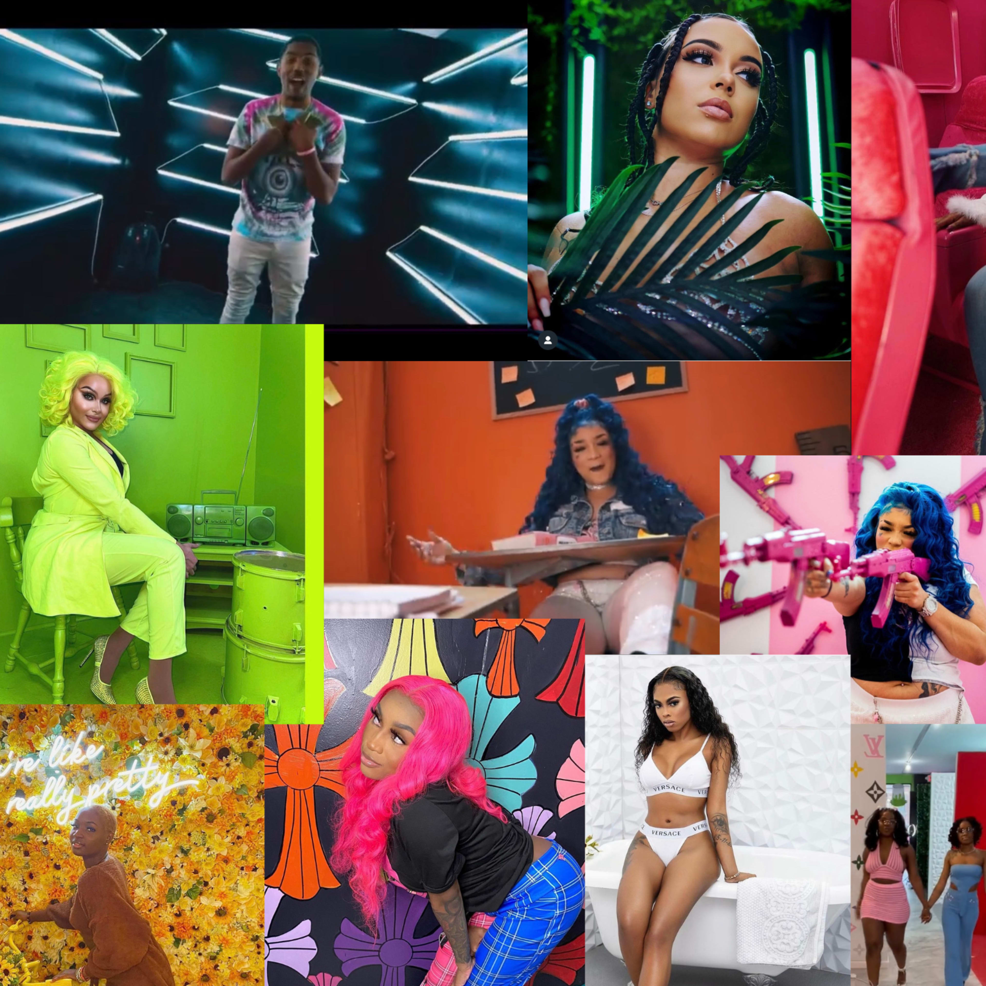 A collage of various individuals showcasing vibrant hairstyles and colorful outfits in diverse settings, including music performance scenes and themed backgrounds.