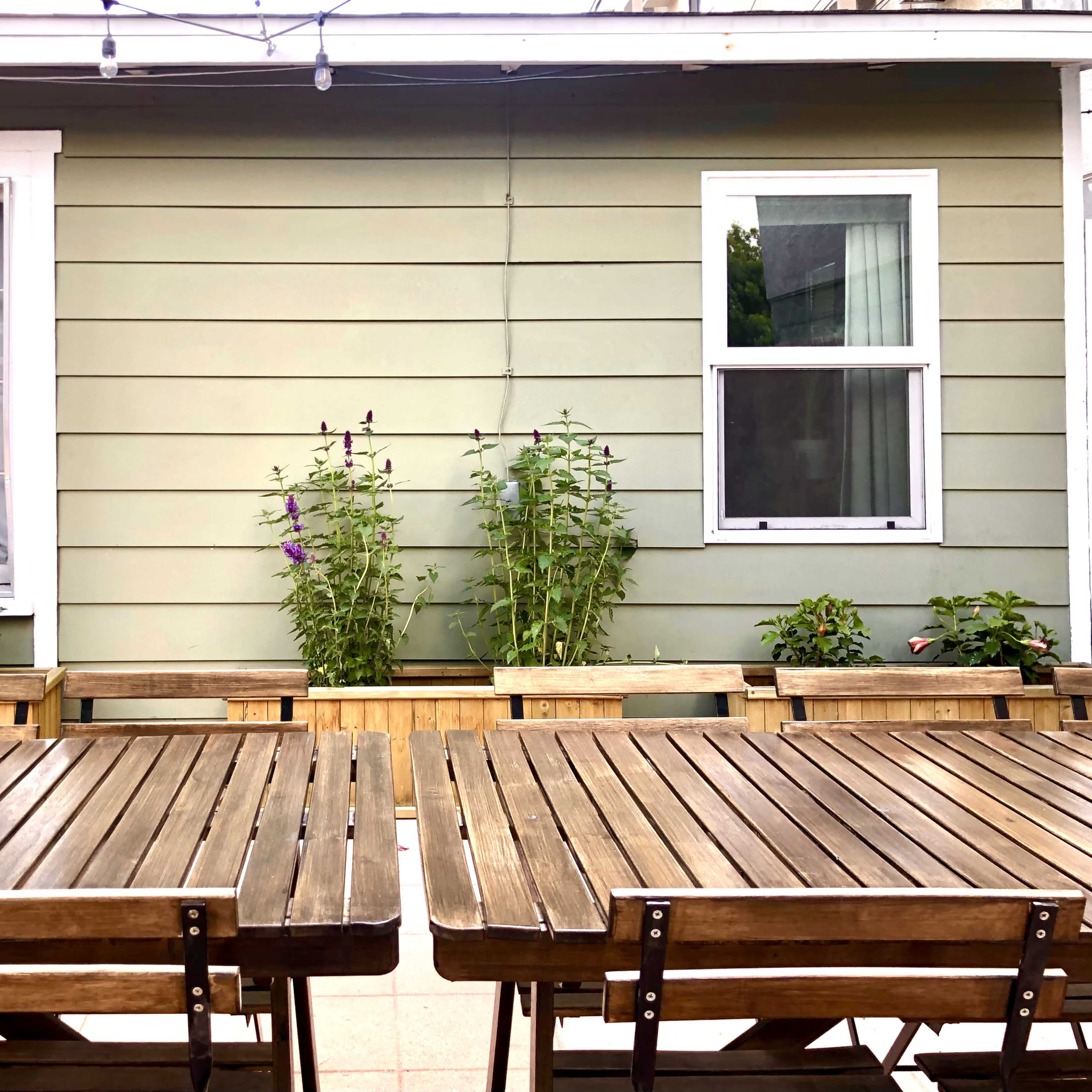 A series of wooden tables are arranged in front of a green house, flanked by plants in wooden boxes under two windows.