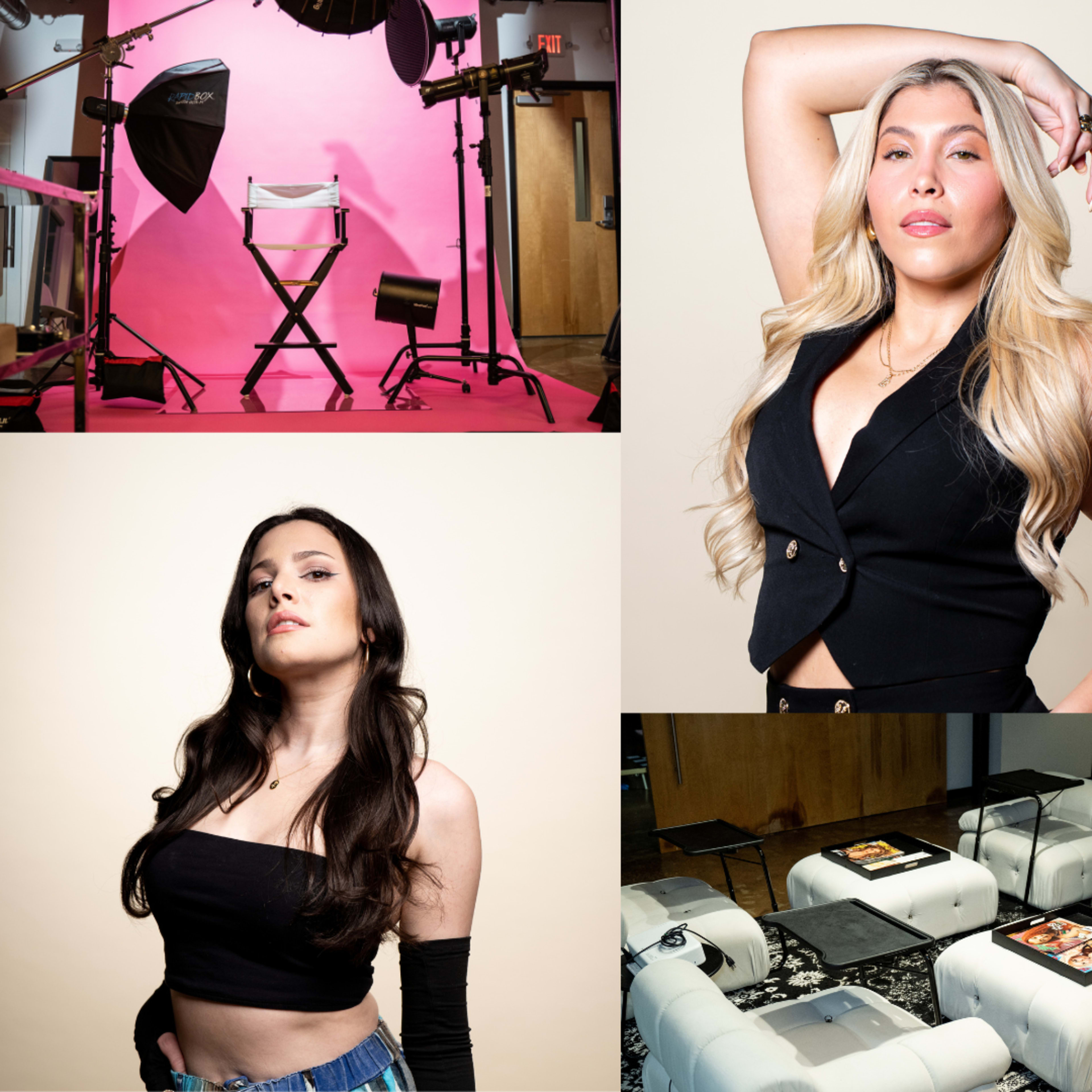 A collage of individuals posing in a studio setting with pink backdrops, various lighting equipment, and director's chairs.