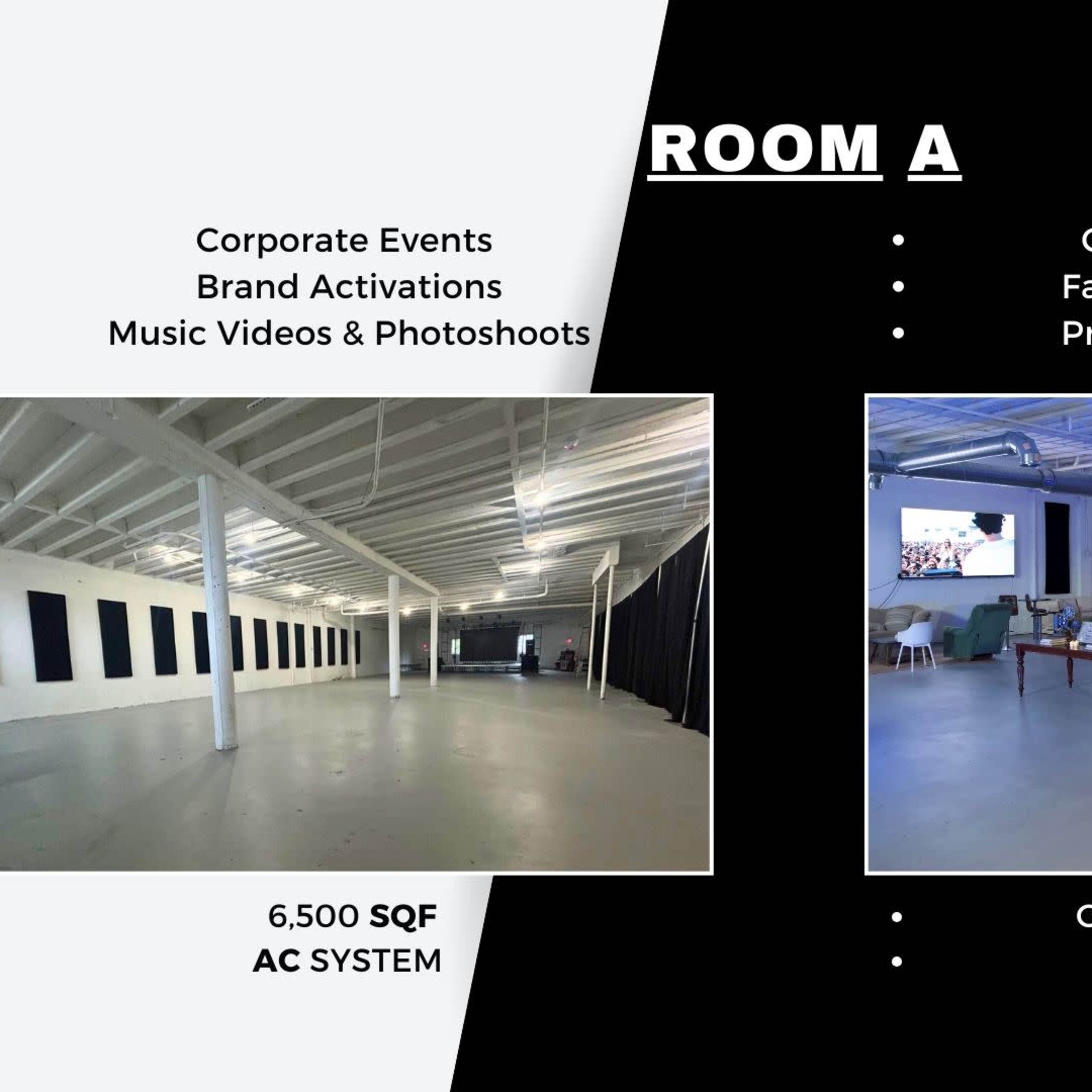 A split view of Room A, showcasing a spacious area suitable for corporate events and concerts on the left, and a section designed for private parties with lounge seating and screens on the right, along with specifications for space size and occupancy.
