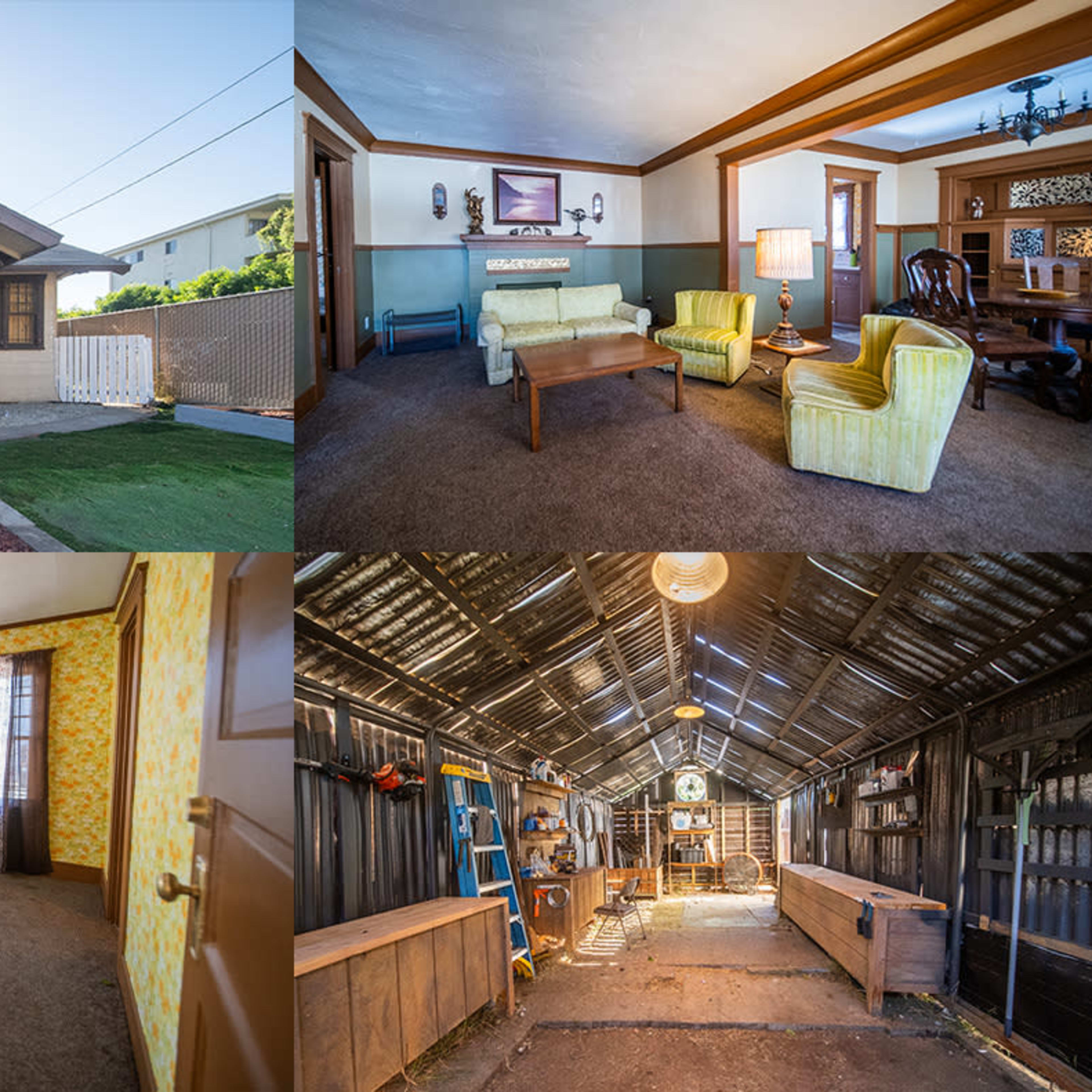 A four-panel collage of a bungalow home exterior, a living room with vintage furniture, a yellow-patterned interior room, and a rustic shed filled with tools and wooden furniture.