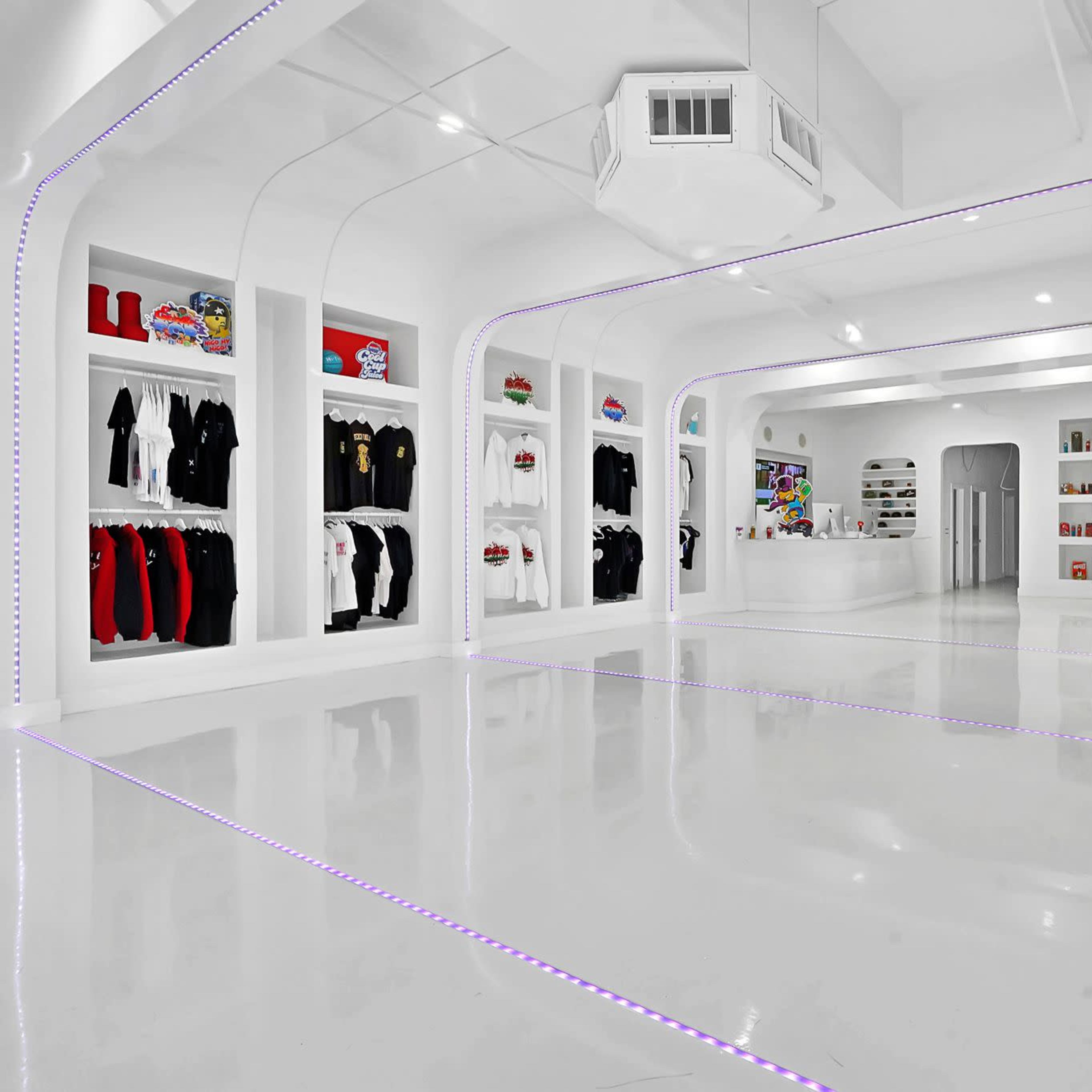 A modern, brightly lit room with a glossy white floor, featuring organized shelves with clothing and collectibles, and a central area containing a purple car.