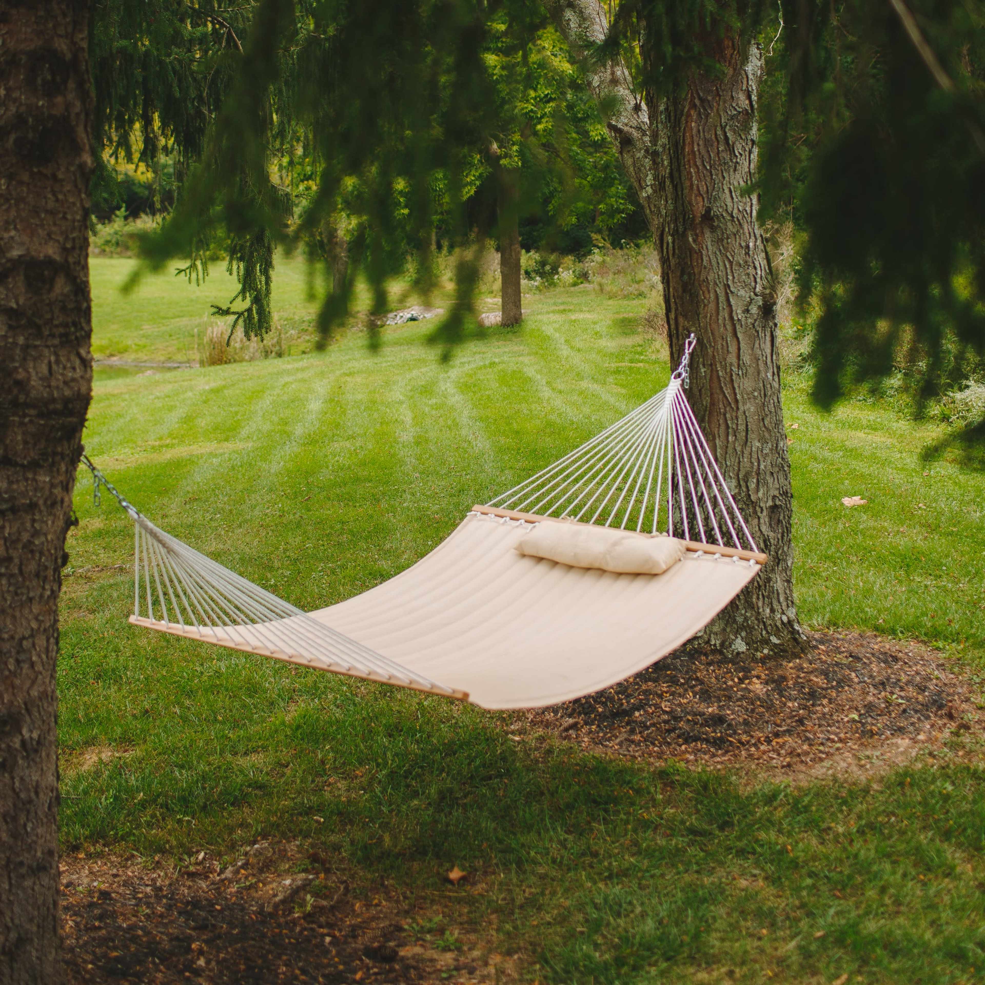 A beige hammock is suspended between two trees in a grassy area.
