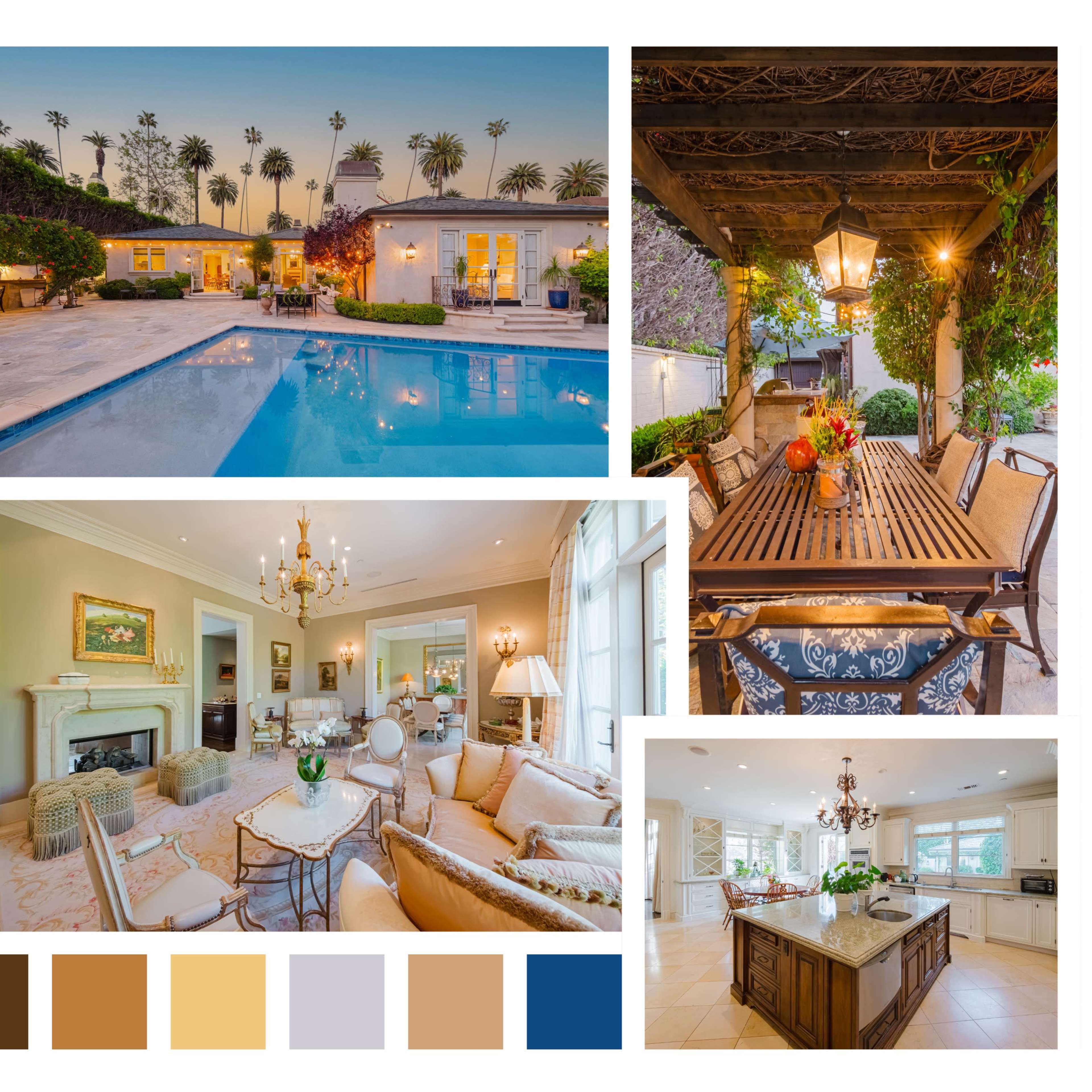 A luxury home with a swimming pool, landscaped outdoor areas, and elegantly furnished indoor spaces.