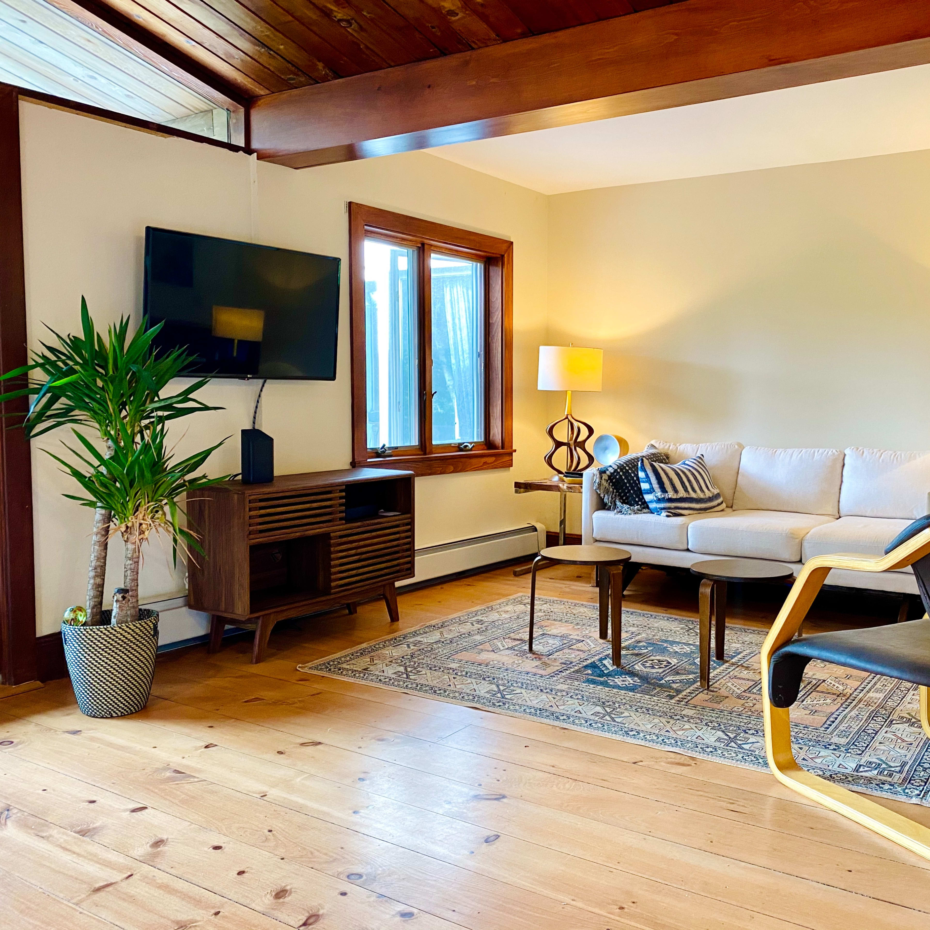 The living room features a sofa, two lamps, a television, a wooden cabinet, a potted plant, and a chair on hardwood flooring.