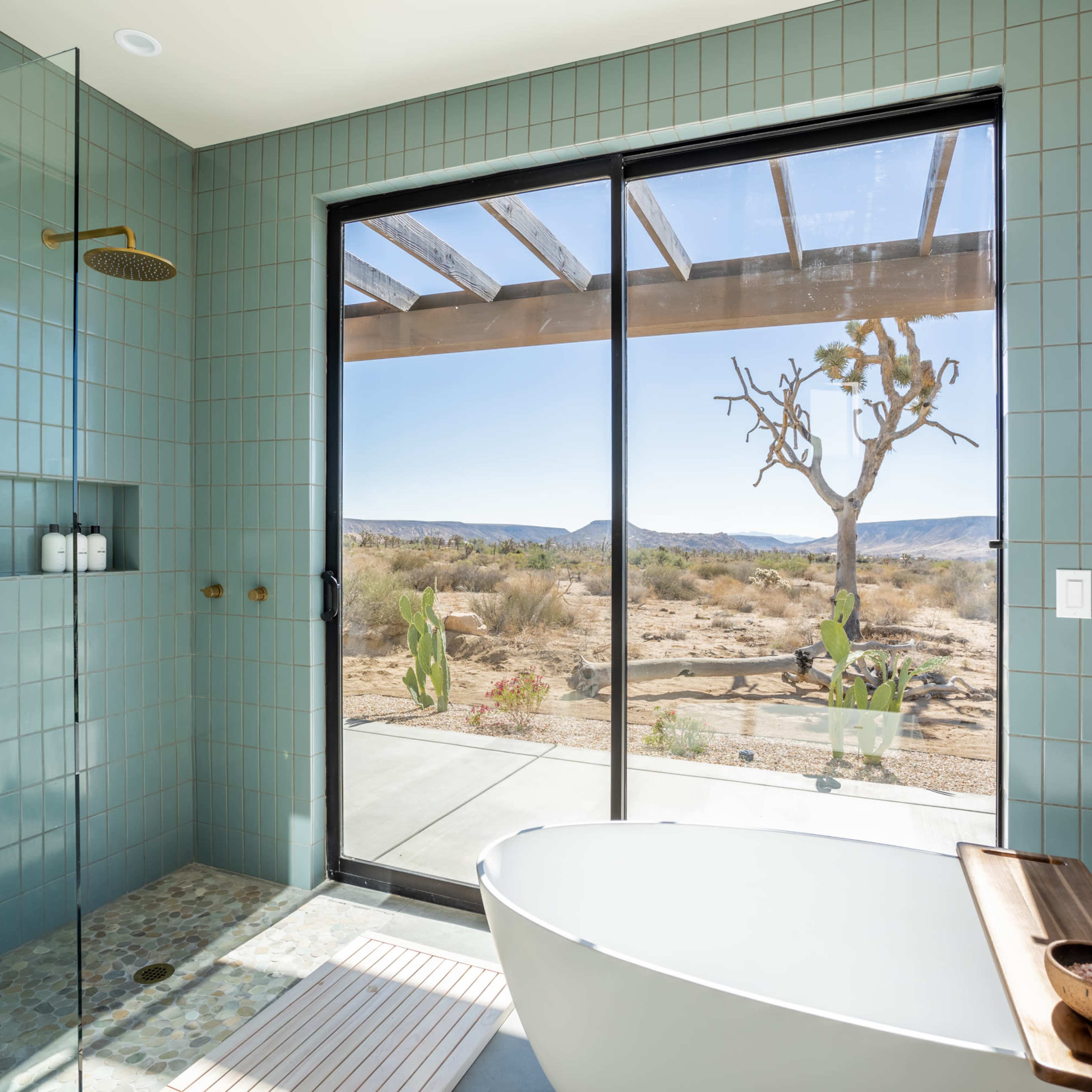 A contemporary bathroom features a glass shower and a freestanding bathtub, with large sliding doors revealing a desert landscape outside.