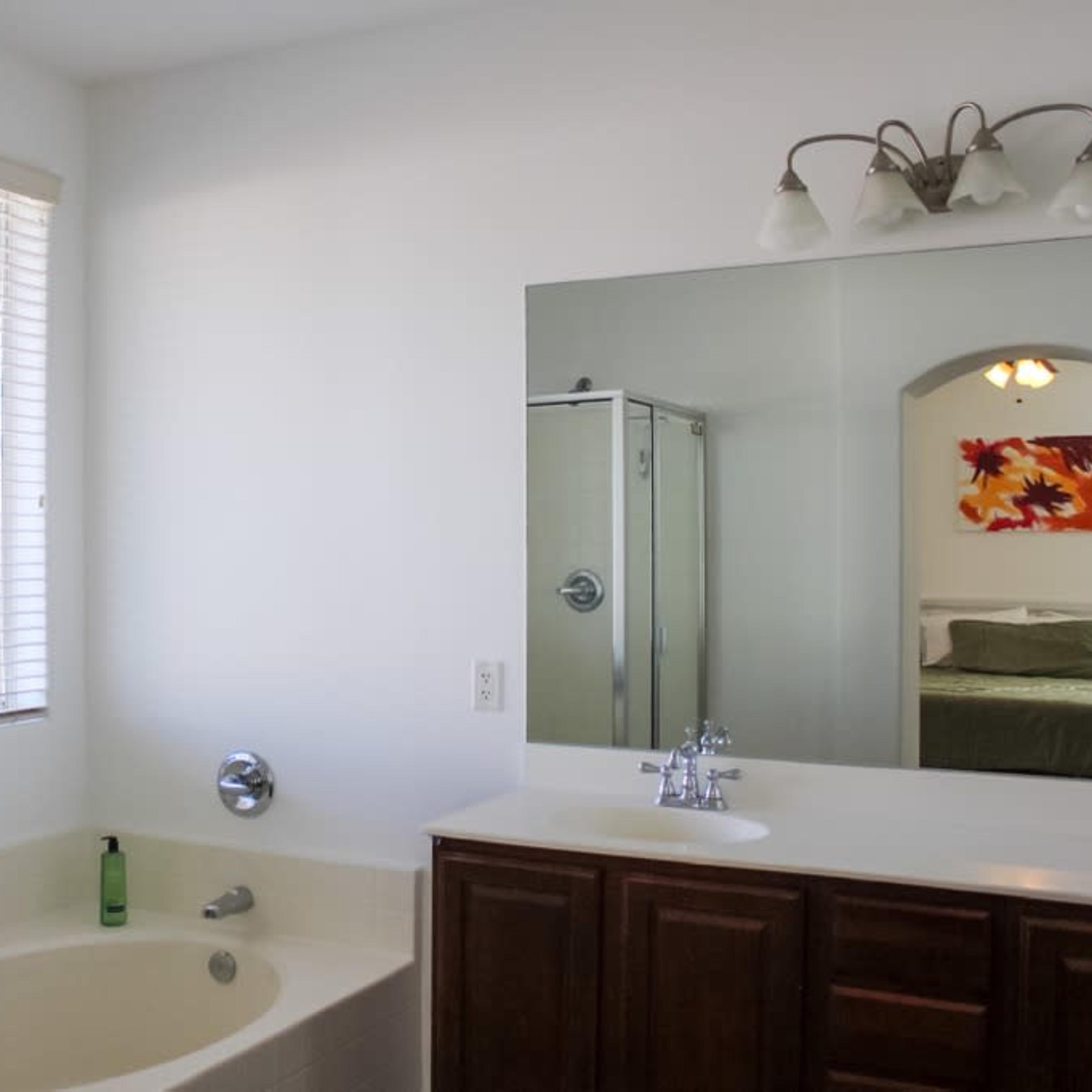 A bathroom featuring a bathtub, a glass shower enclosure, a double sink vanity with dark wood cabinets, and a large mirror.