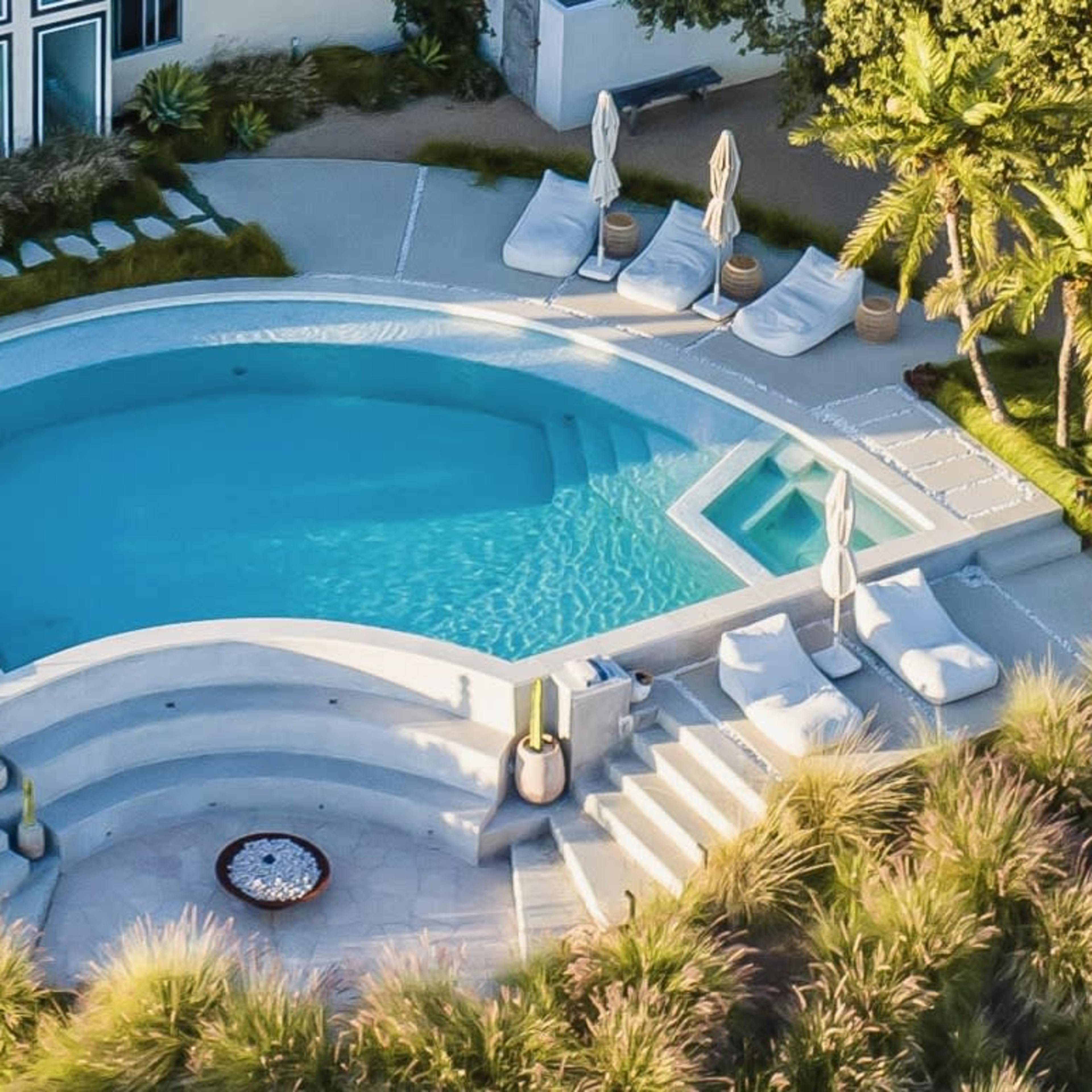 A circular pool surrounded by lounge chairs and landscaped greenery.