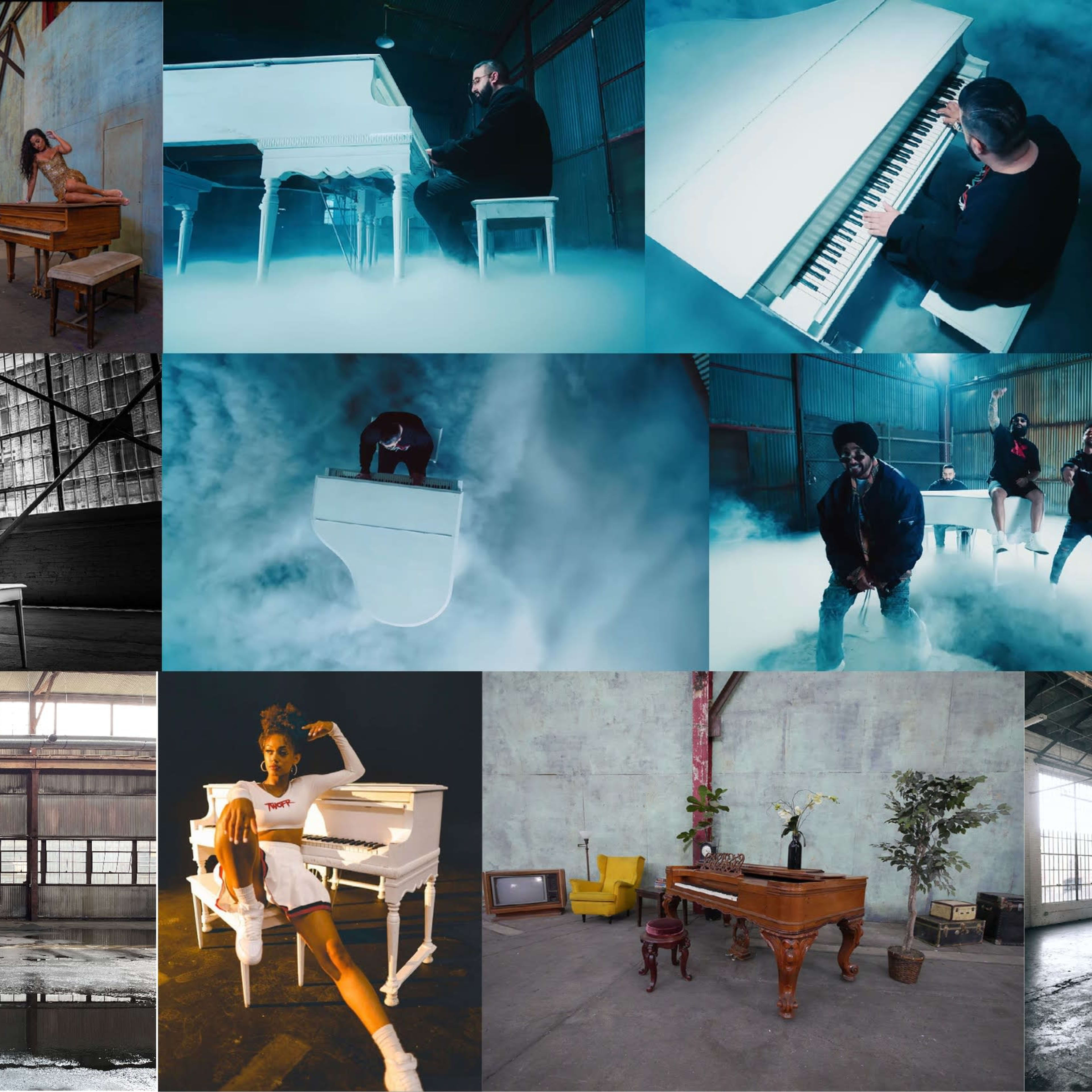 Various scenes of white and black pianos placed in distinct industrial settings, with different individuals playing or posing near the instruments.