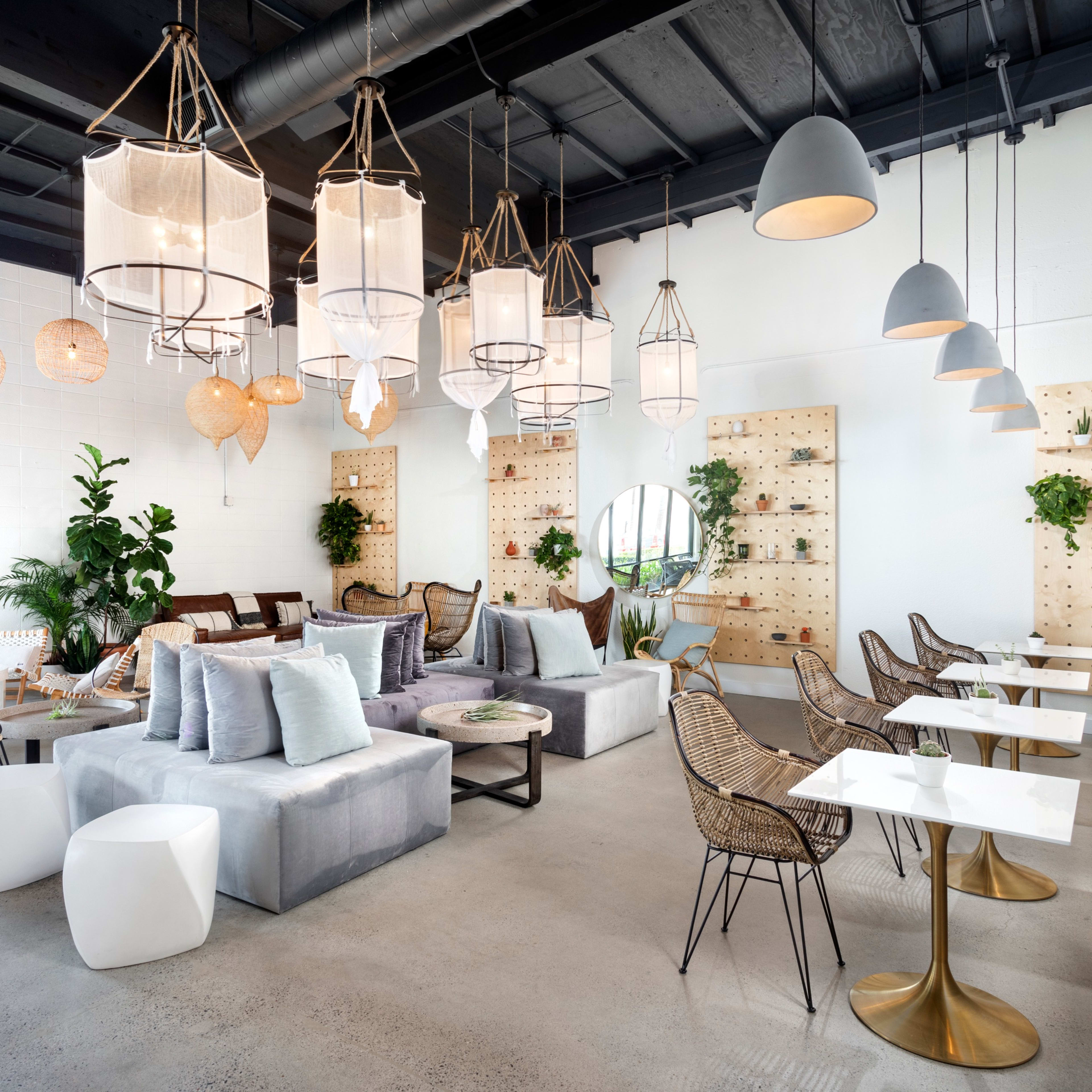 A modern café interior featuring a variety of seating arrangements, decorative lighting, plants, and a minimalist design.