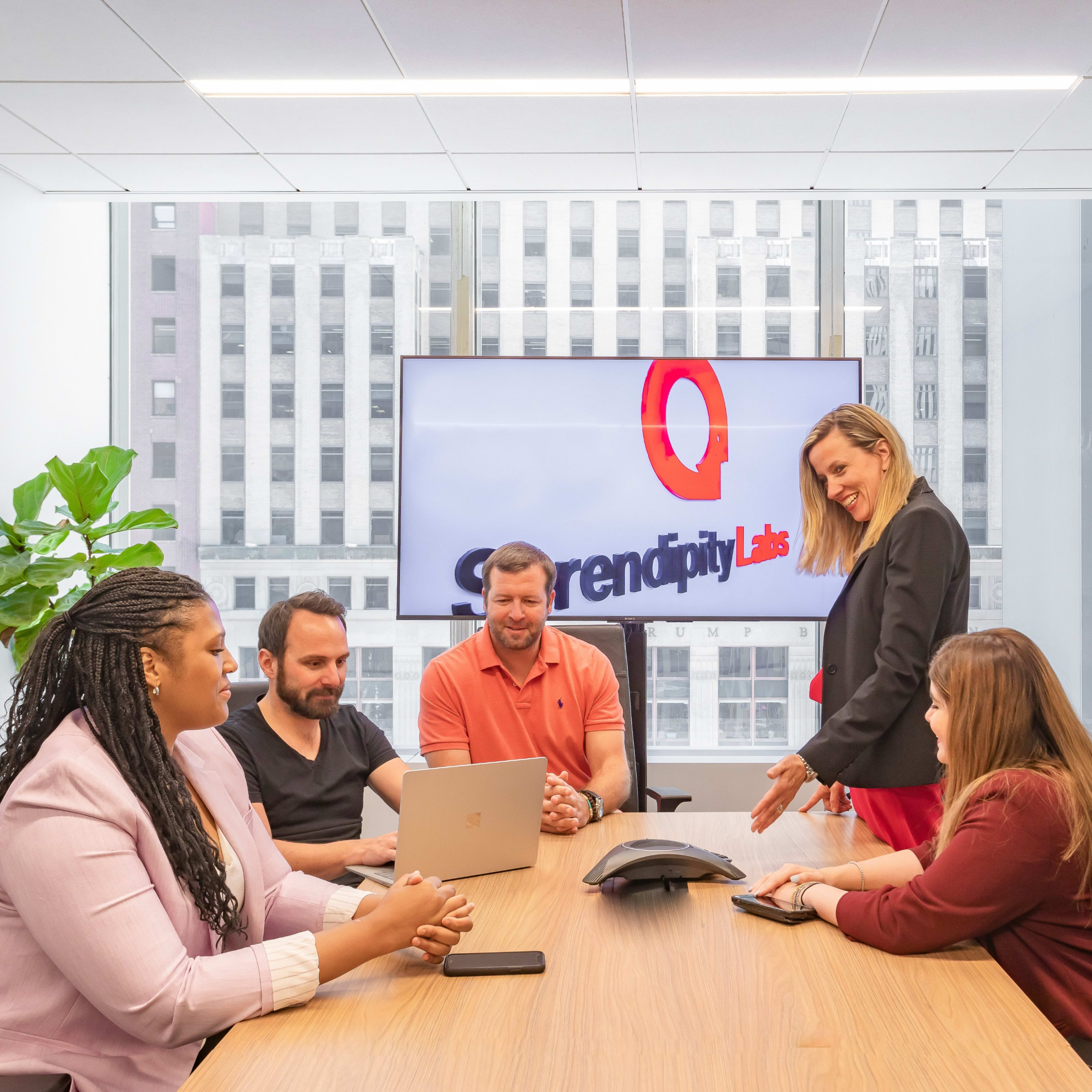 A group of five professionals is seated around a conference table in a modern office, engaged in a meeting with a large screen displaying the Serendipity Labs logo in the background.