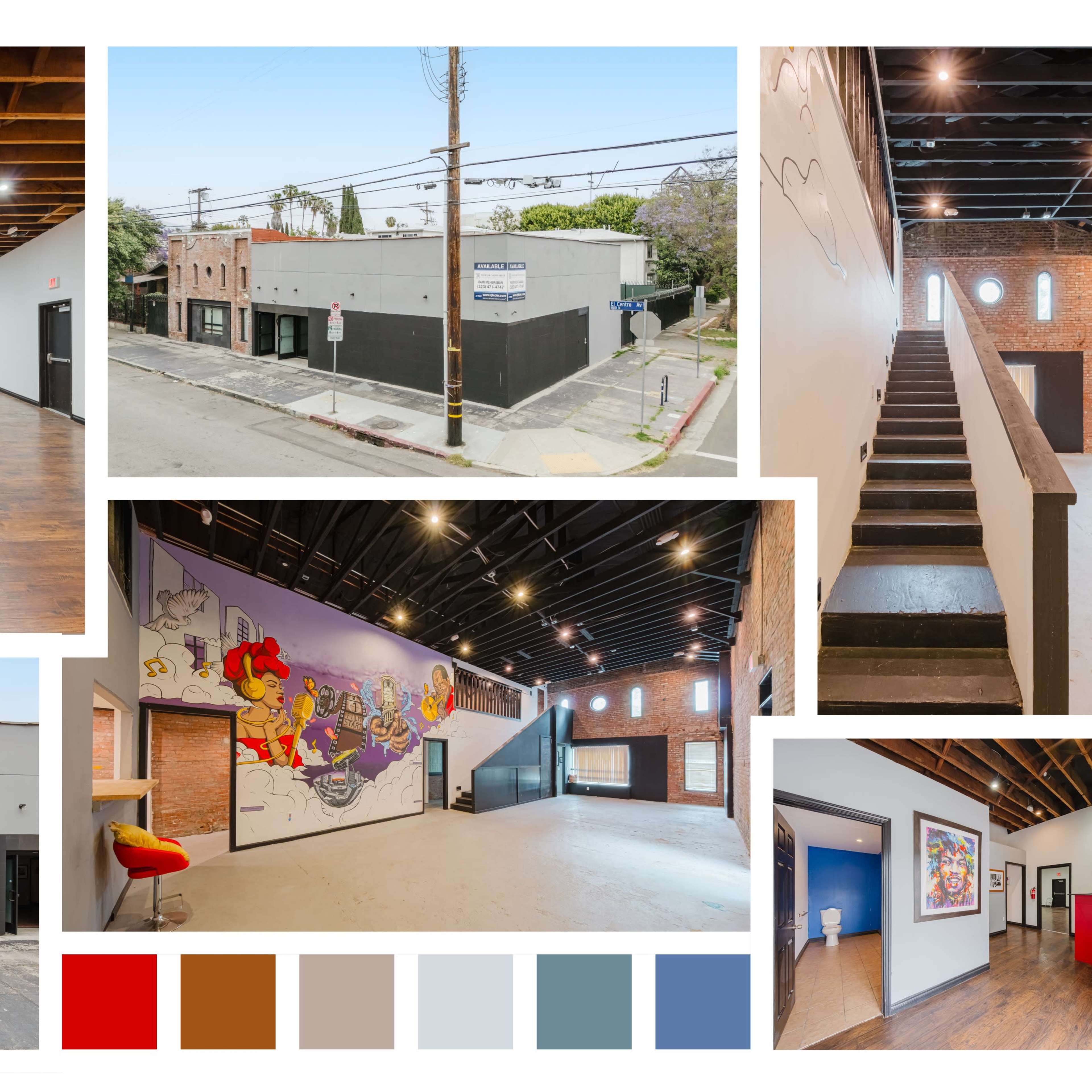 A collage of an empty indoor event space, an exterior view of a building, and various rooms showcasing different wall designs and staircases.