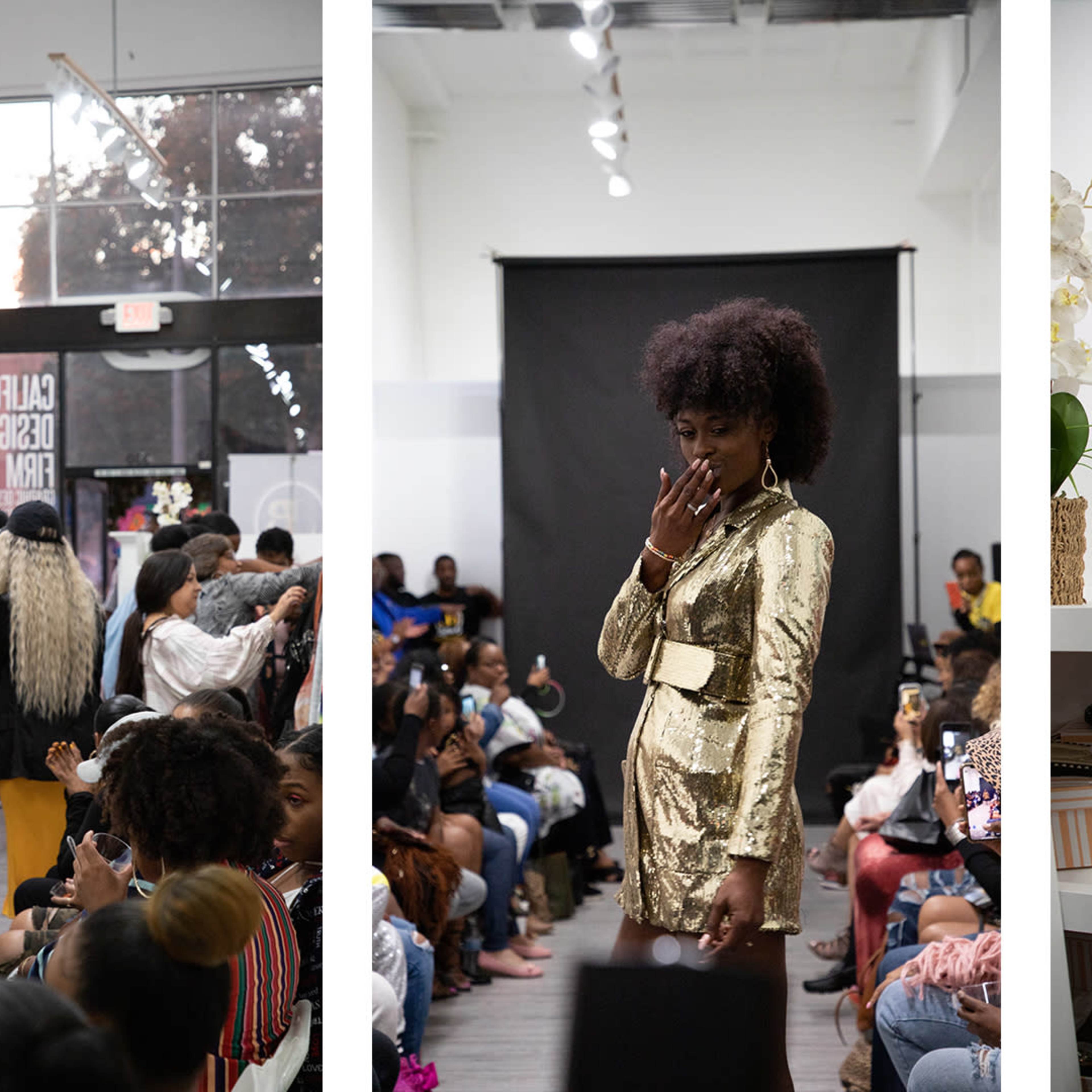 Three distinct scenes: an audience at a fashion event, a model on the runway wearing a gold dress, and a person inspecting items in a boutique.