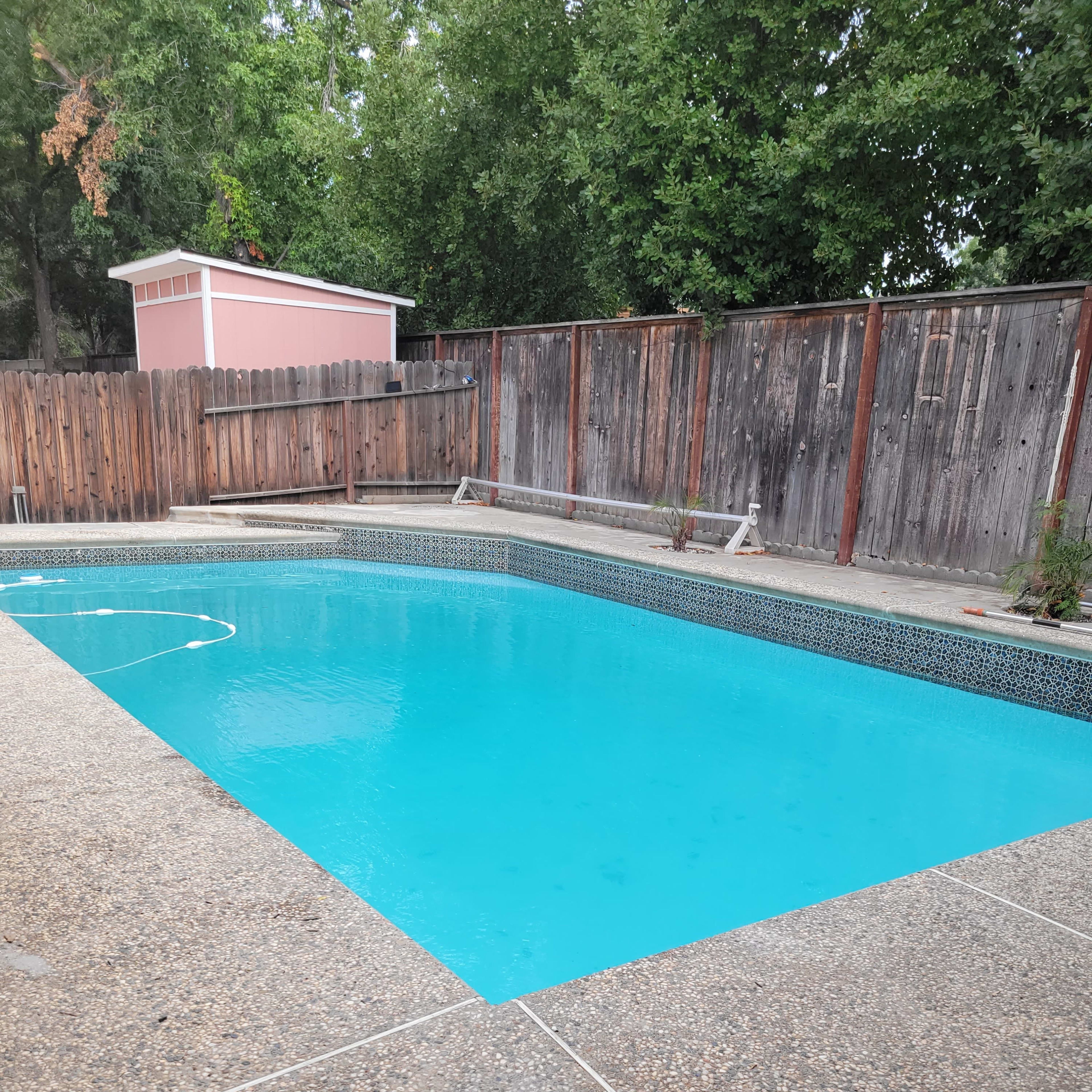 A clear swimming pool is bordered by a textured concrete deck and wooden fence, with a small shed in the background.