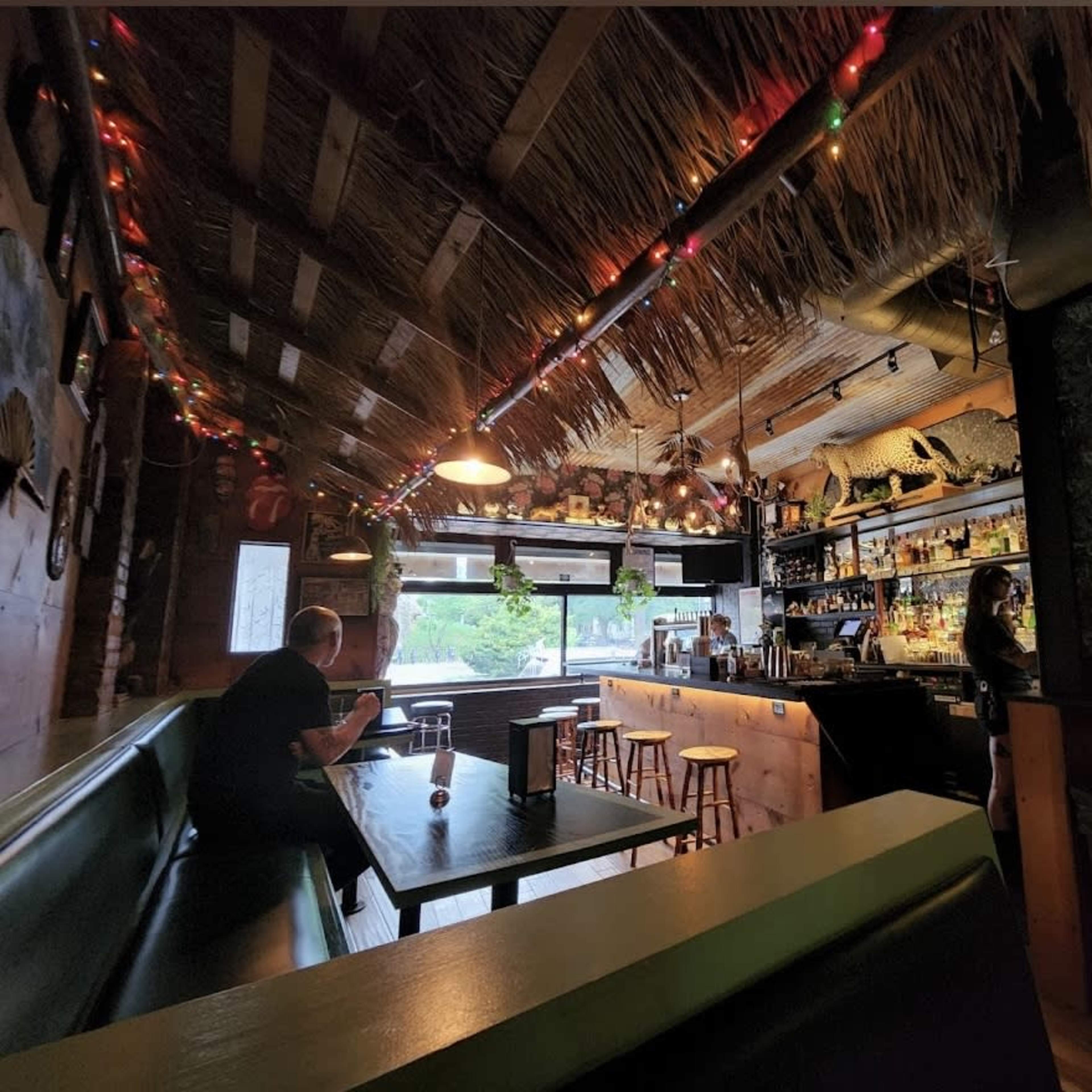 A dimly lit bar with a thatched roof, decorated with colorful lights and wooden furnishings, and a bartender serving drinks behind the counter.
