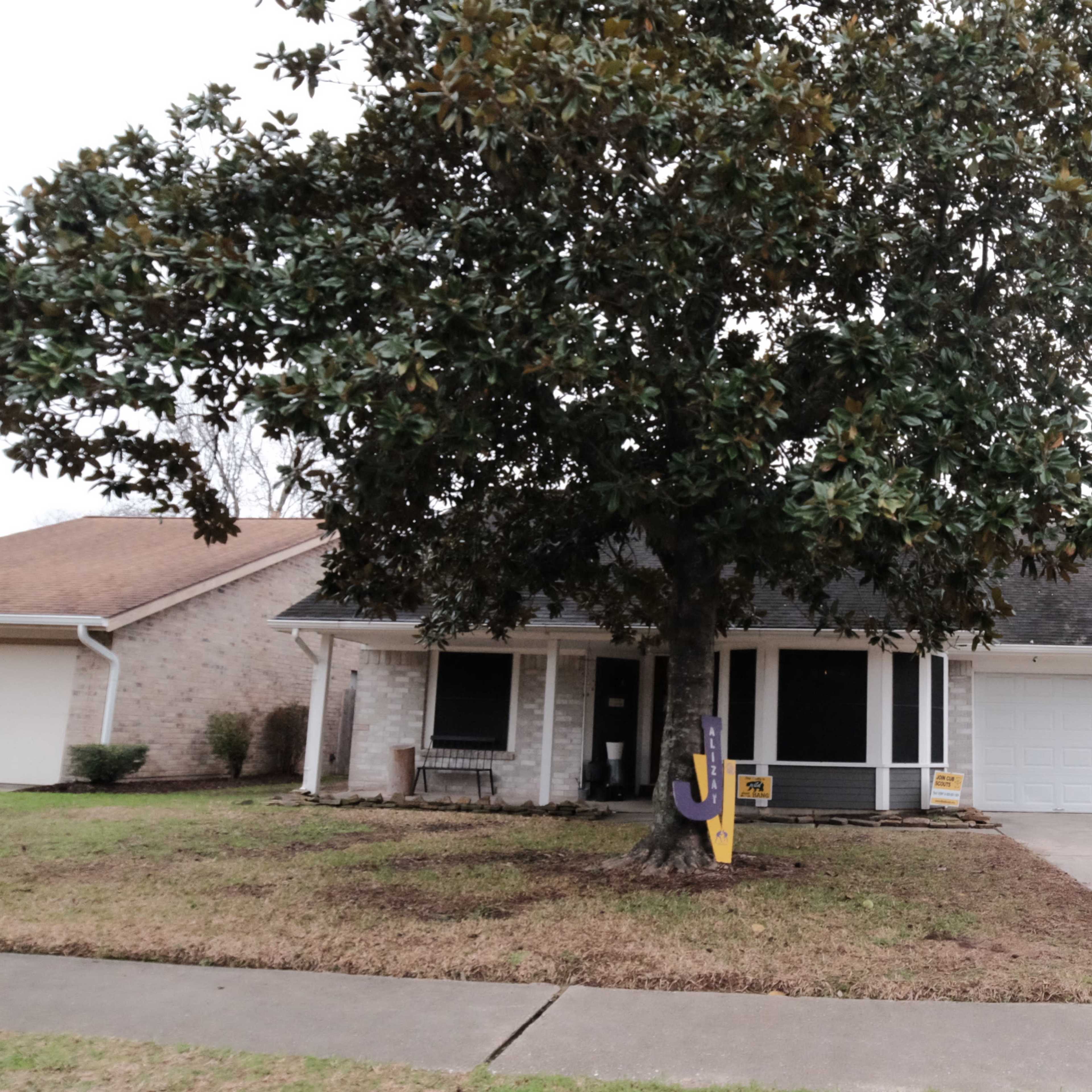 A single-story house with a large magnolia tree in the front yard and a garage on the right side.