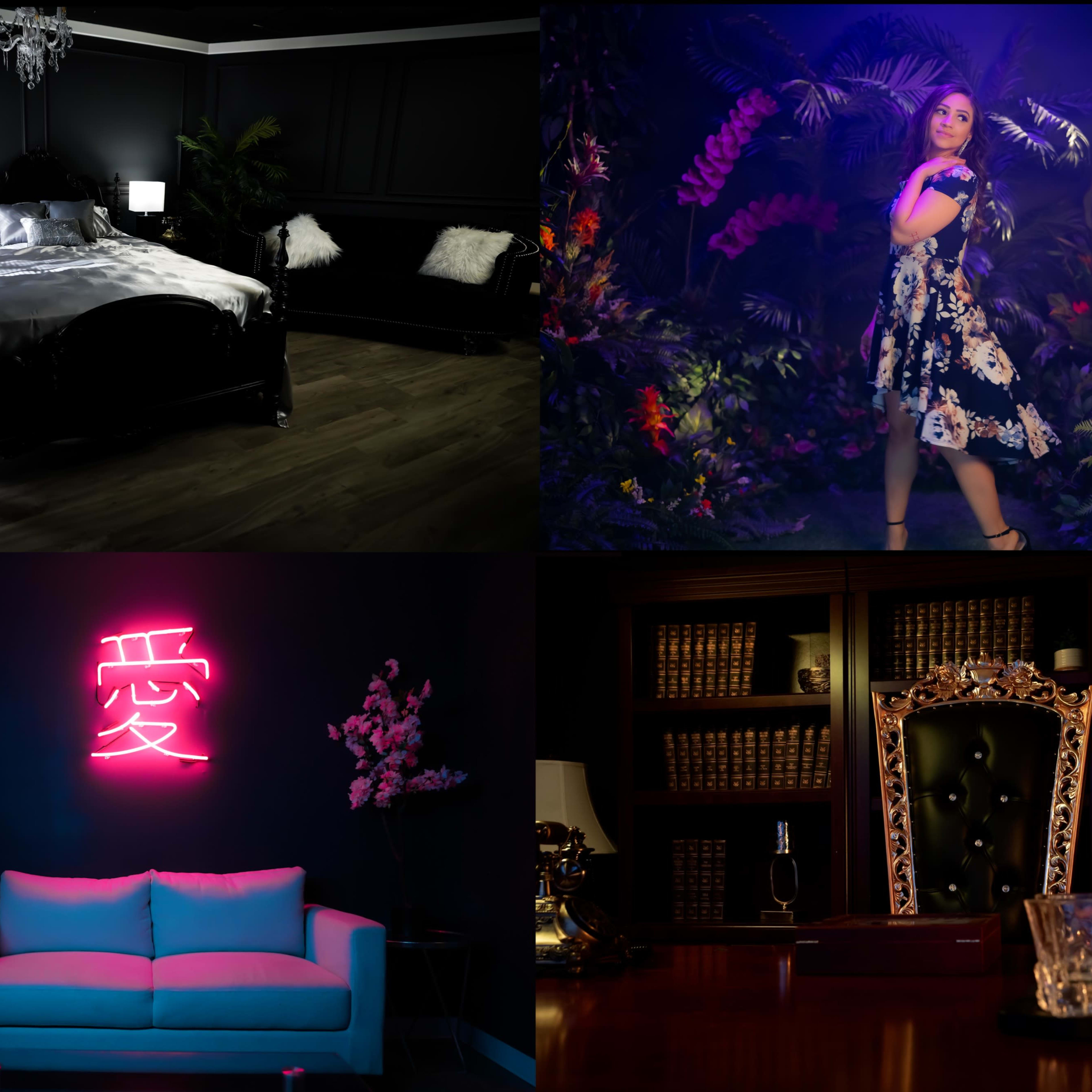 Four distinct scenes: a dark bedroom with a black bed and lamps, a woman in a floral dress posed in a vibrant, plant-filled environment, a room with a neon sign displaying the character for "love," and an elegant office space showcasing a lavish desk and bookshelves.